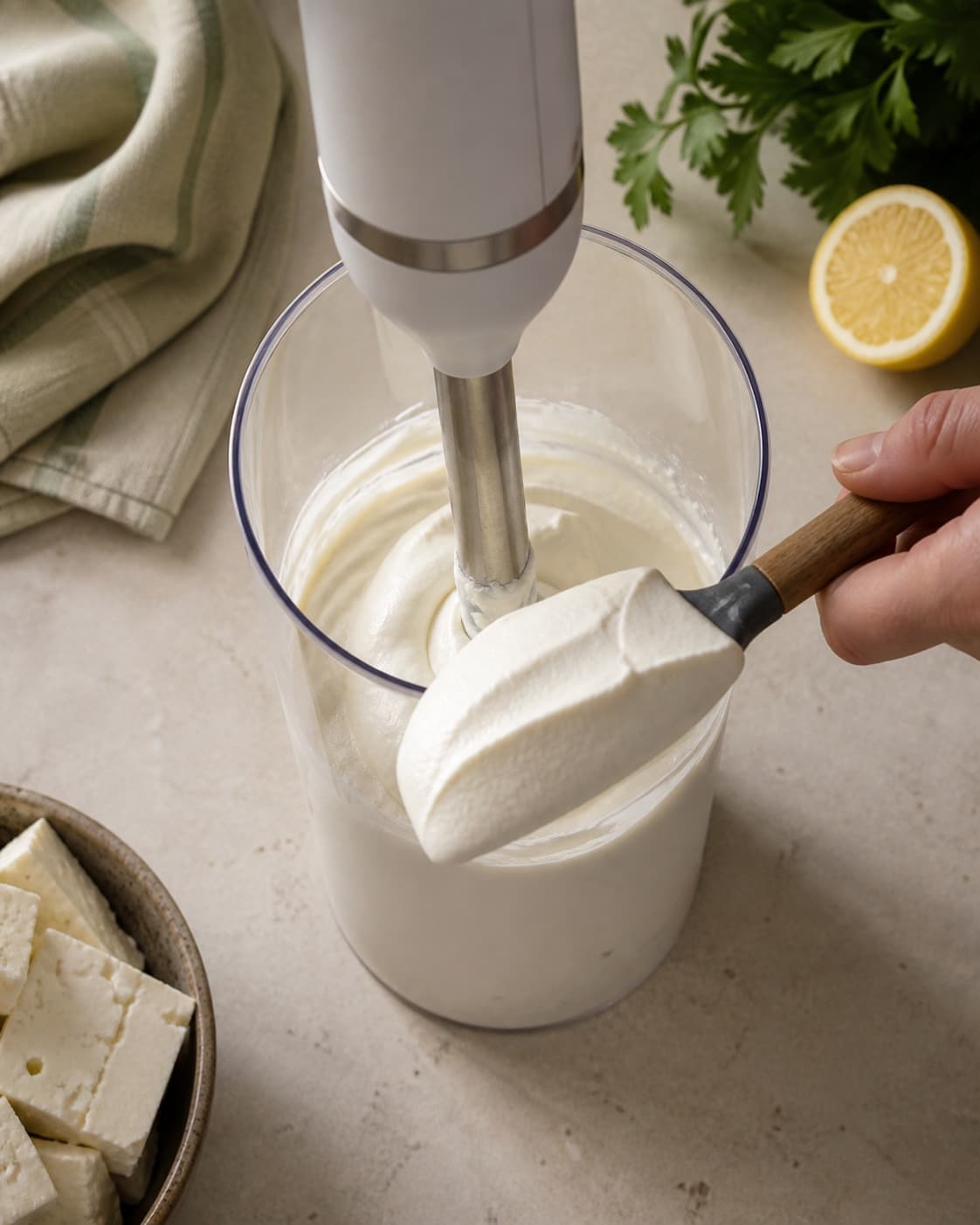 Kold feta, yoghurt og flødeost blendes til en helt glat tæt dip, som holder en formfast fold på spatlen