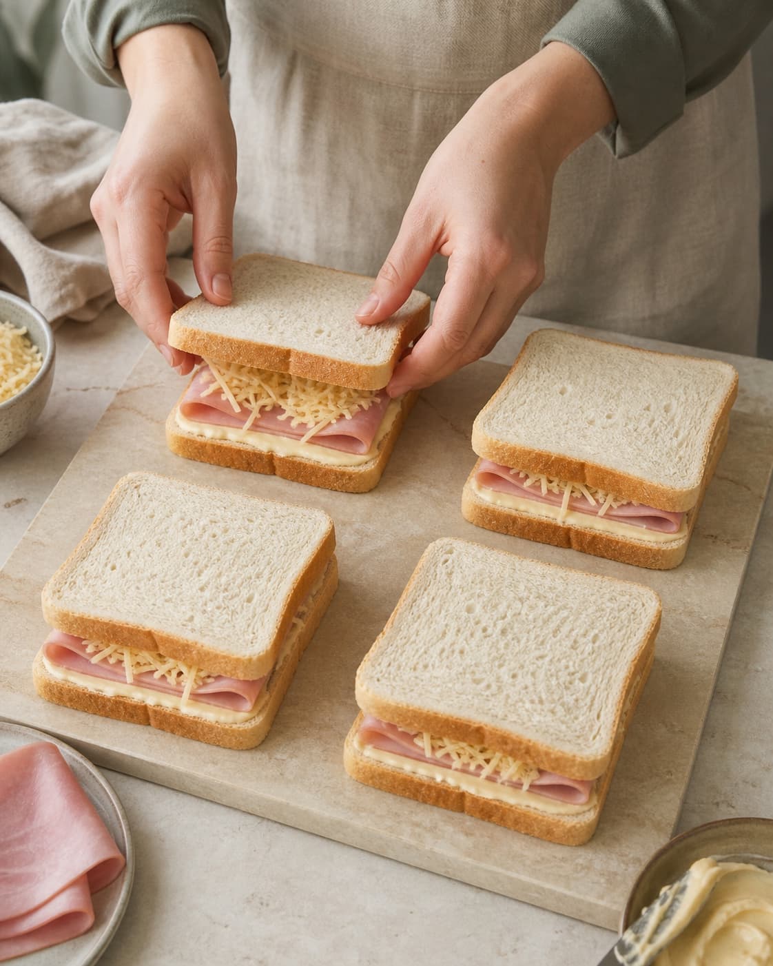 Fire ens sandwich bygges med tynd dijonbechamel, foldet skinke og Gruyère inden for en ren brødkant