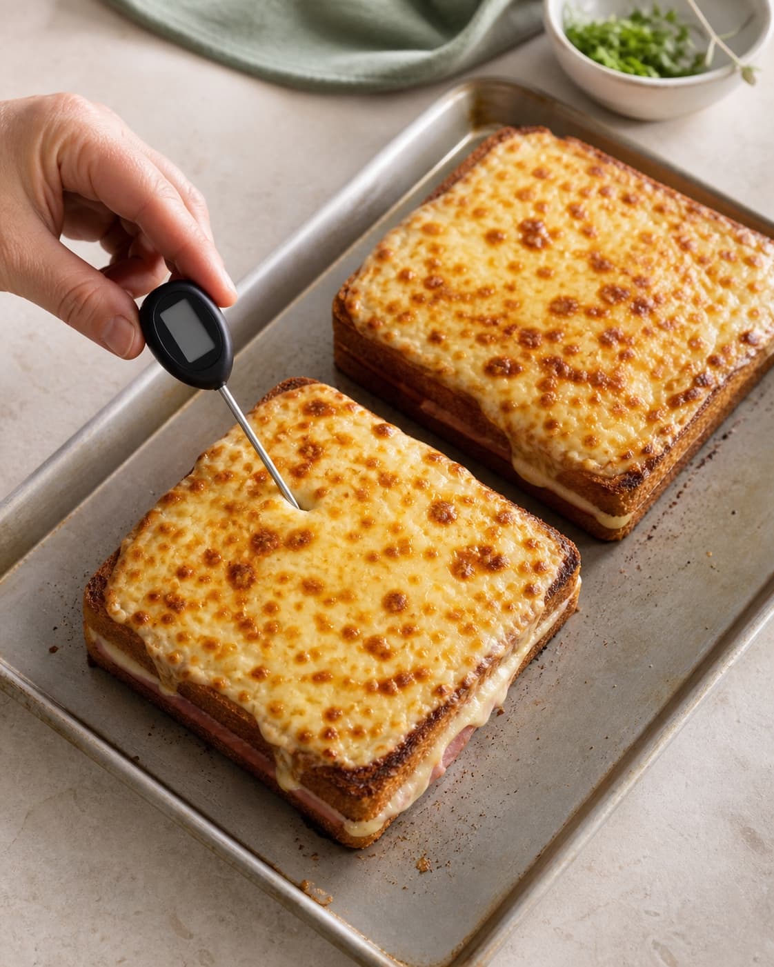 Dybt gyldne croque monsieur gratineres med brunplettet Gruyère, mens centrum kontrolleres med termometer