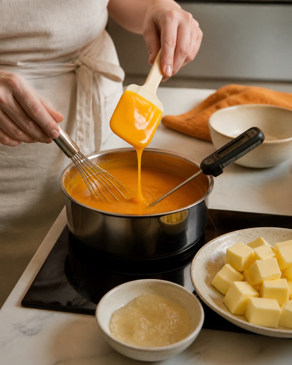 Blank orange appelsincurd piskes i gryde og løber som en tyk nappé fra spatlen ved temperaturkontrol