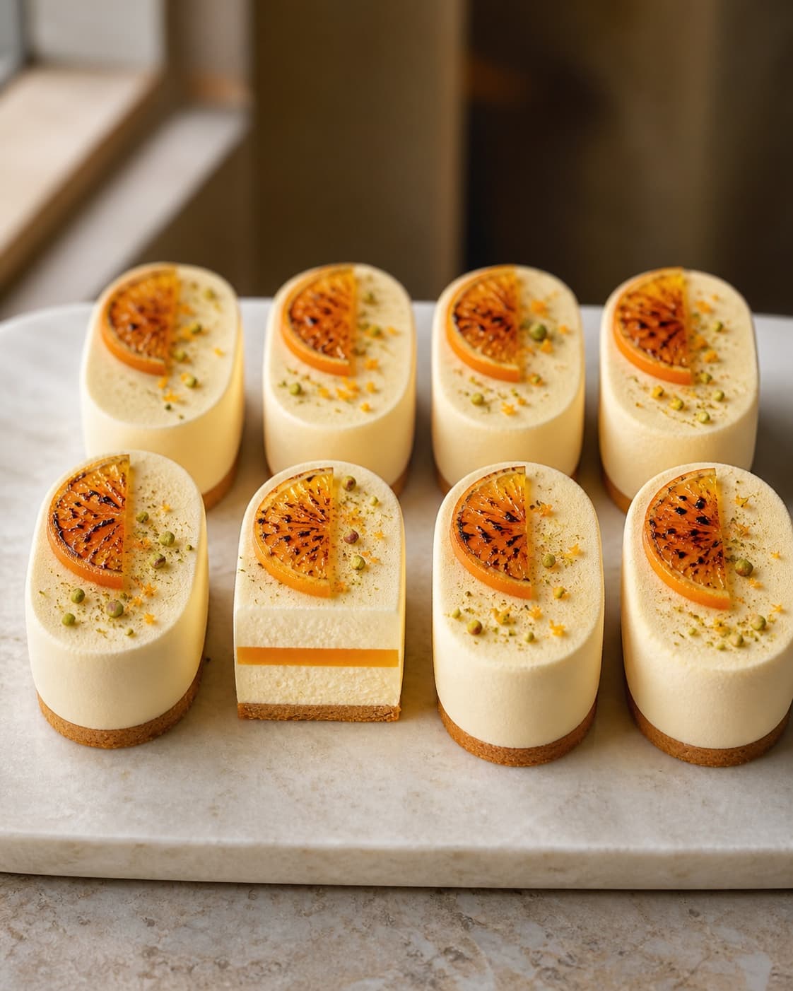 Otte skarpe ovale appelsincheesecakes står kolde, og et snit viser den rene orange curdribbon