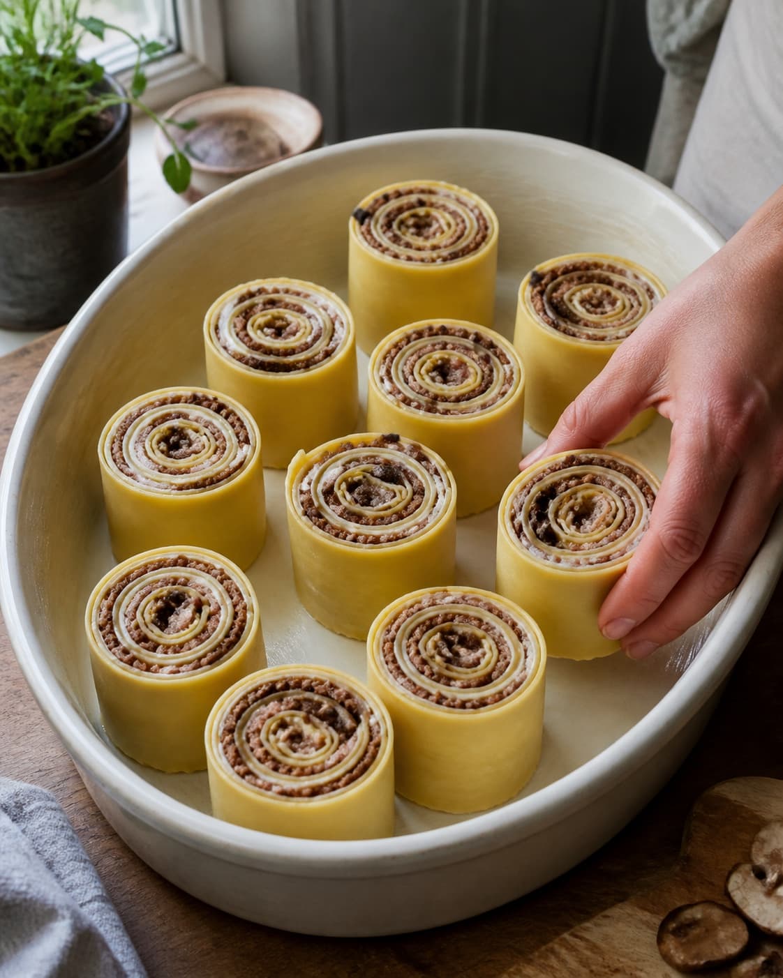 Præcis ti ubagte lasagnerosetter står oprejst med synlige spiralformede lag af pasta, ragù og bechamel