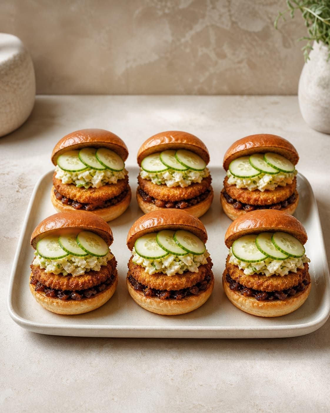 Præcis seks sellerisliders i to rækker har sprød selleri, baconrelish, æbleslaw og tre agurkeskiver hver