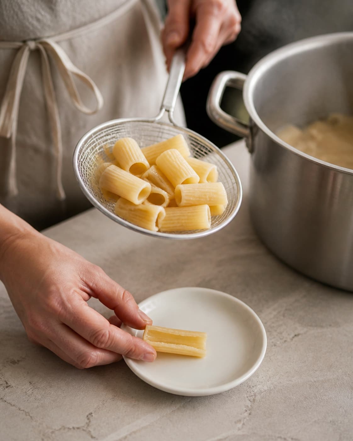 Åbne mezzi rigatoni løftes separate fra gryden, og et overskåret rør viser en fast gennemkogt kerne