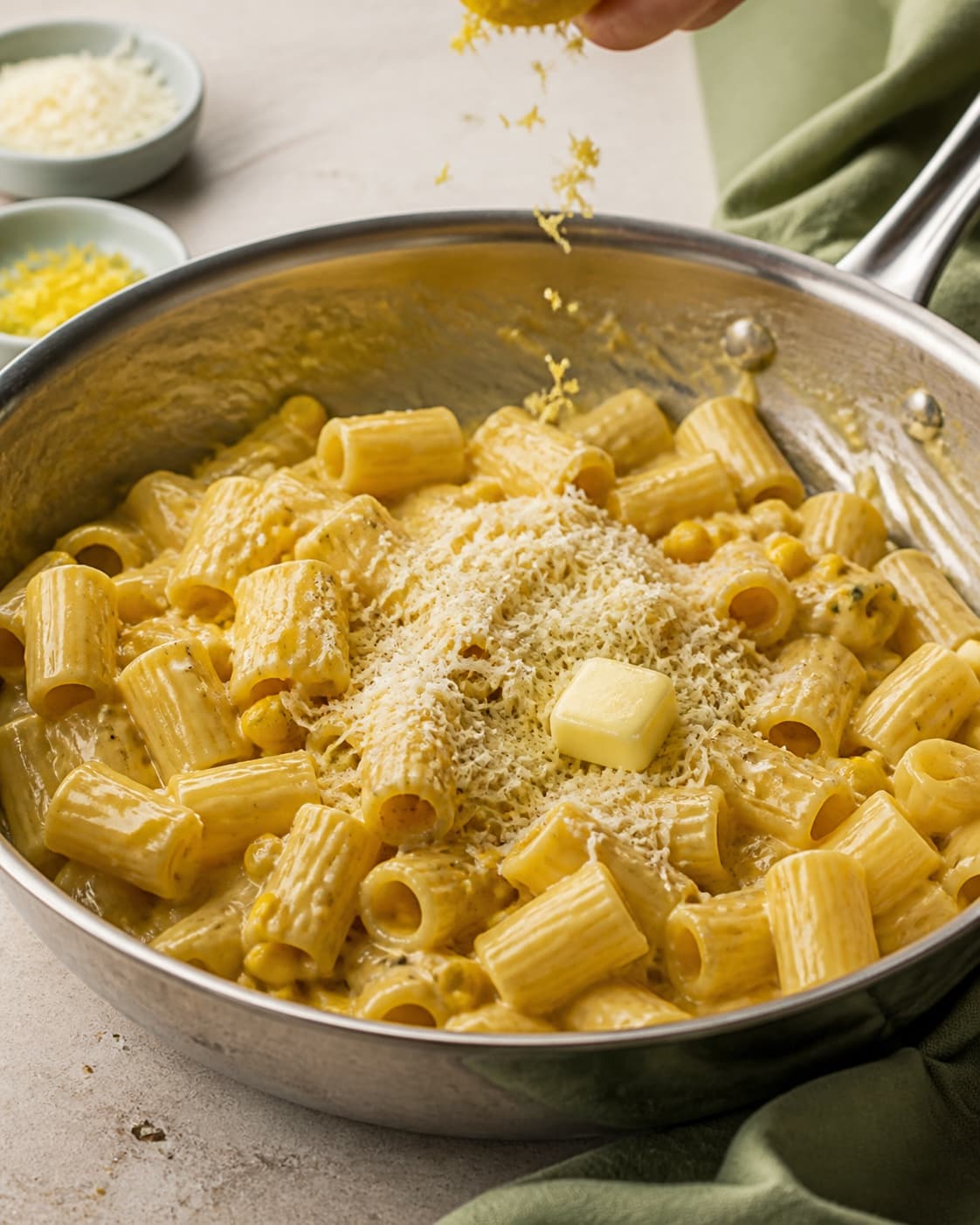 Mezzi rigatoni og majskerner vendes i blank majscreme med parmesan, koldt smør og frisk citronskal