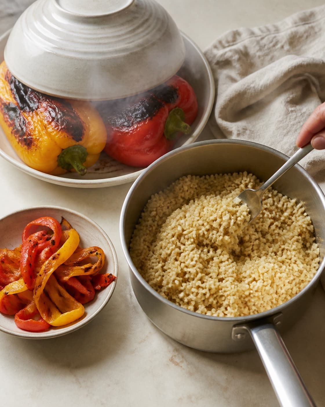 Sortblærede peberfrugter damper under en skål, mens luftig varm bulgur løsnes og peberbånd dræner
