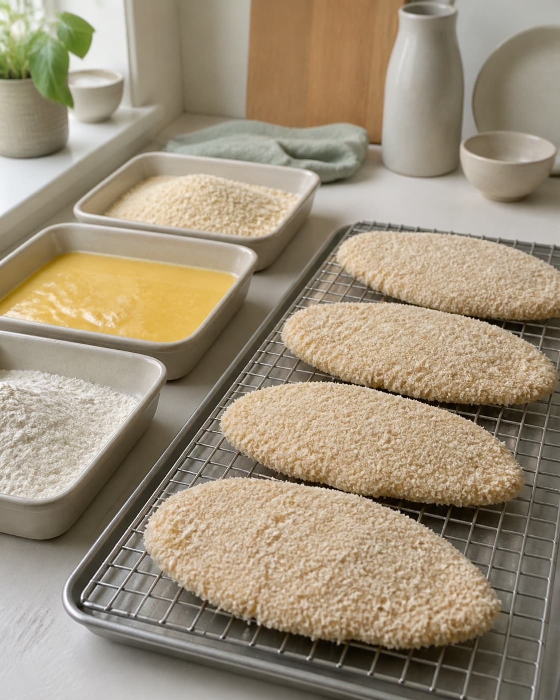 Fire tynde kyllingestykker hviler med helt ens parmesan-pankopanering ved siden af mel, æg og krummer