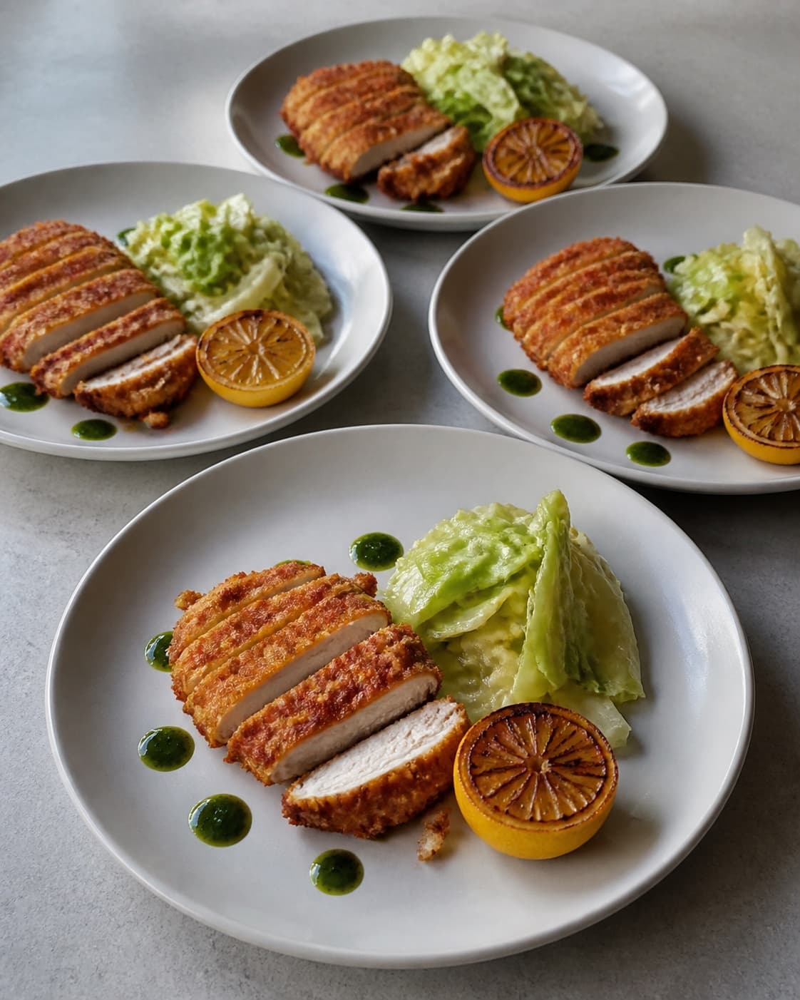 Fire portioner sprød kylling Milanese serveres med blank spidskål, grillet citron og grøn ramsløgsolie