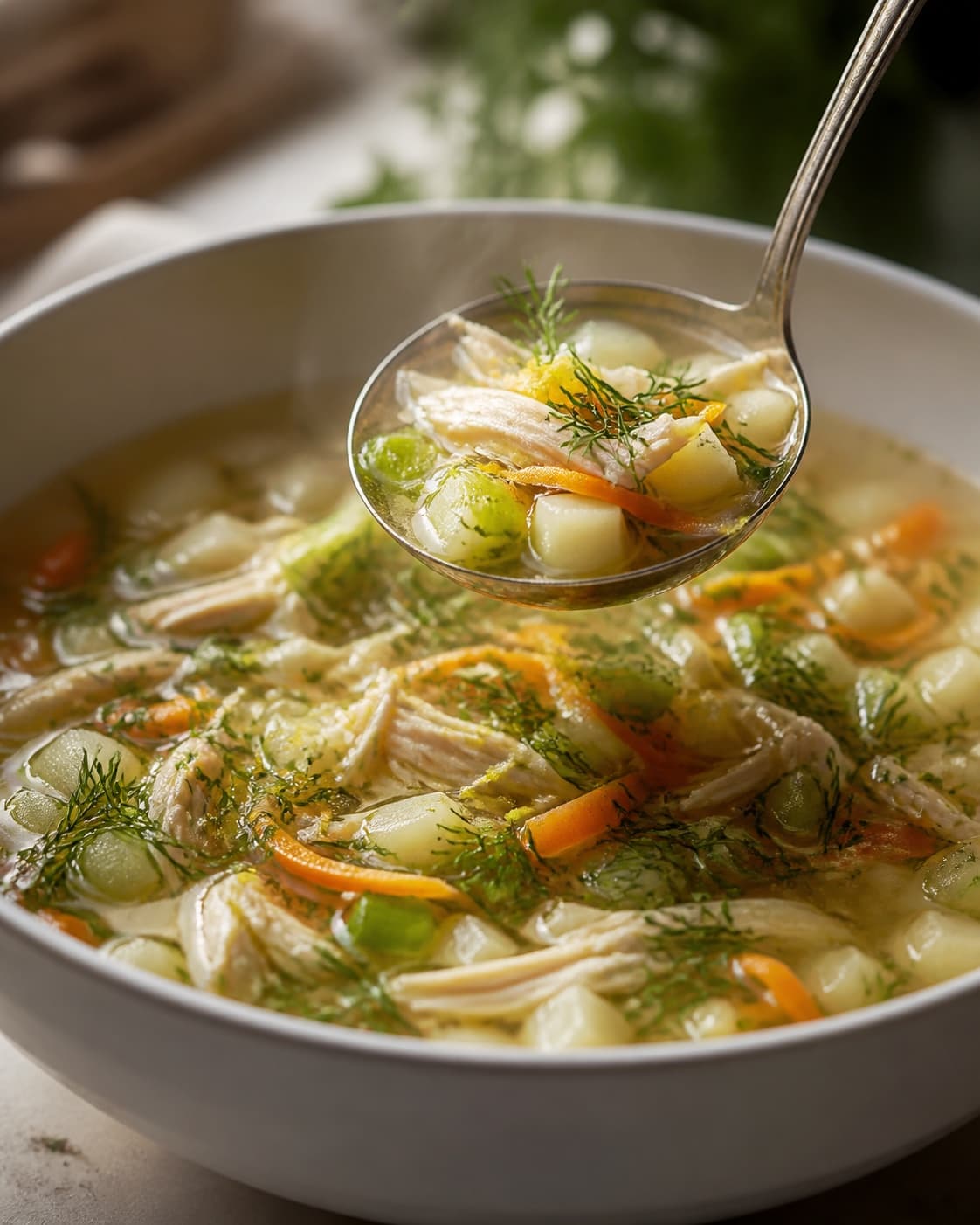 Klar gylden kyllingesuppe løftes med selleritern, grøn porre, gulerodsbånd, trævlet kylling og dild