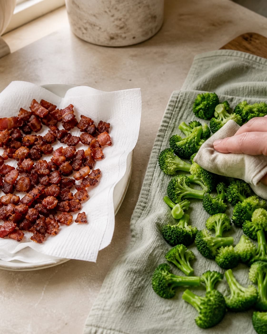 Sprøde bacontern afdrypper på papir, mens lysegrøn blancheret broccoli duppes helt tør på et rent klæde