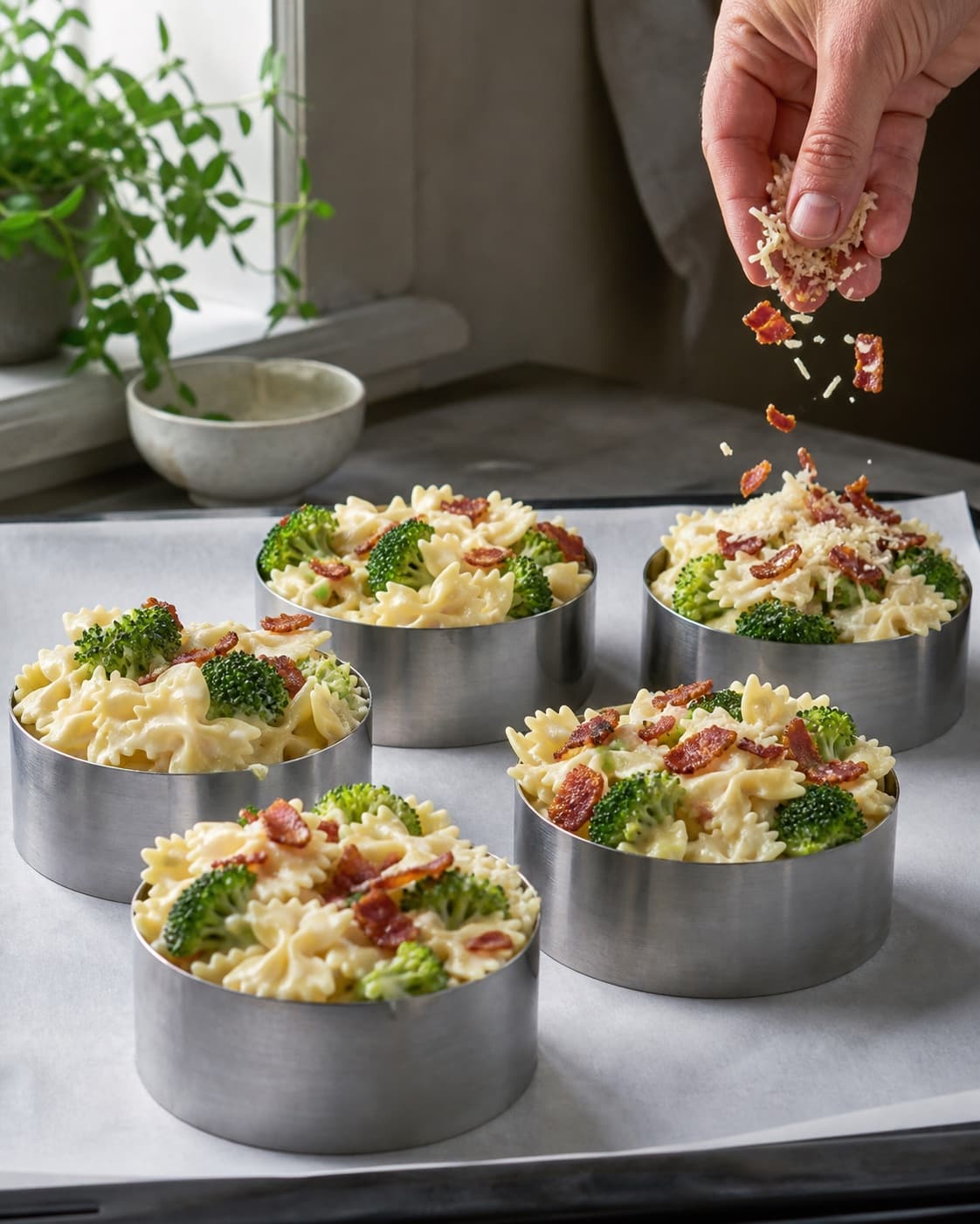 Præcis fem ringe fyldes lige højt med synlig farfalle, broccoli, bacon og tyk ostesauce uden lækage