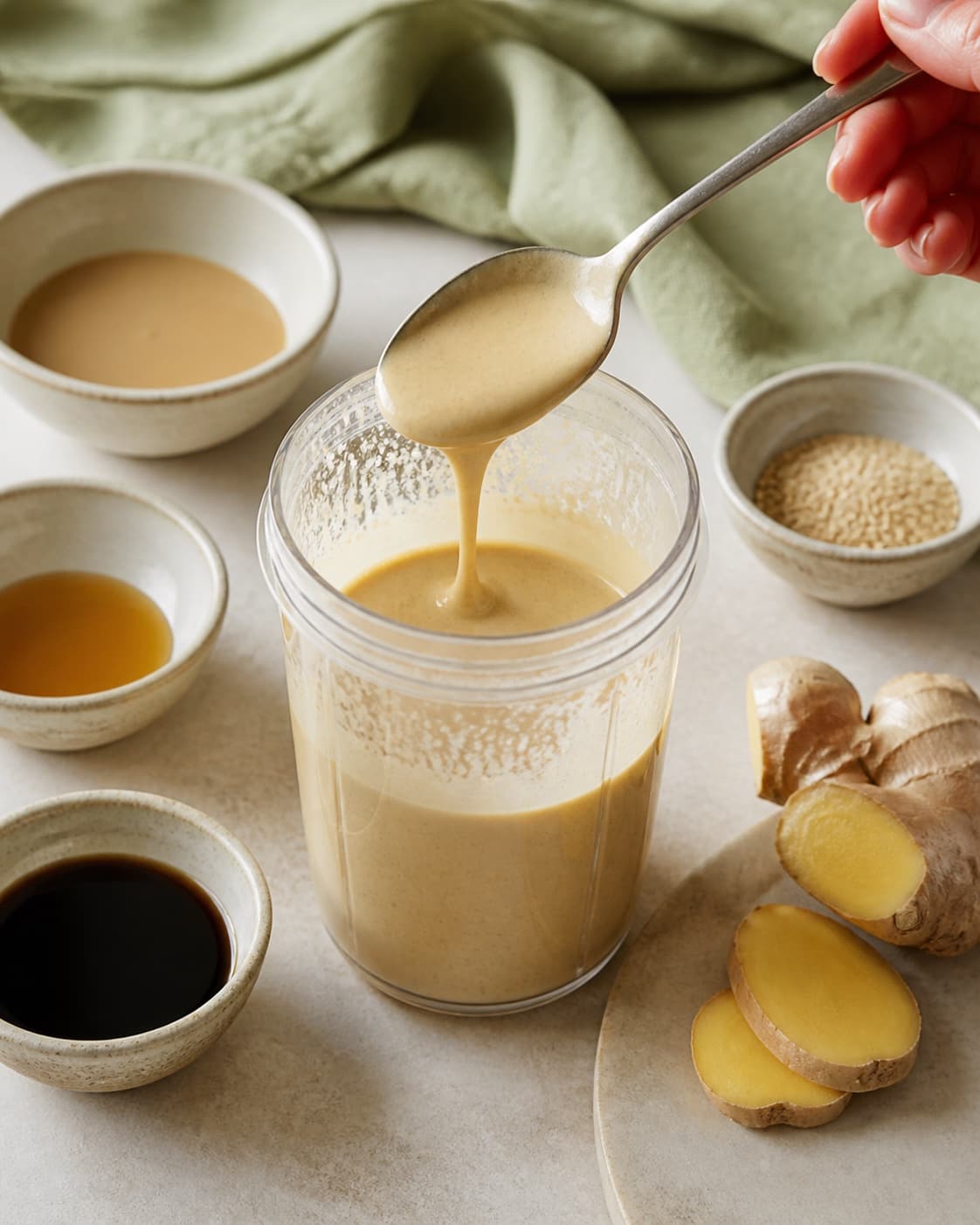 Lys beige ingefær-sesamdressing løber blankt fra skeen efter blendning uden tahinklumper eller oliesø