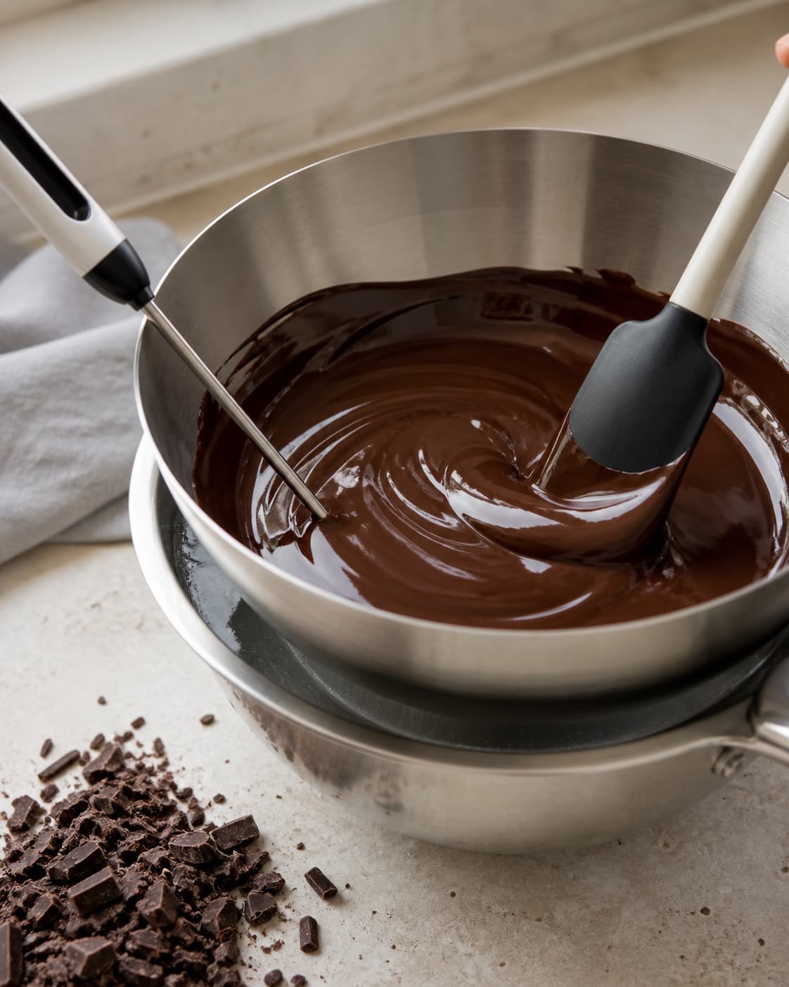 Blank mørk chokolade røres glat over mild vandvarme, mens et termometer måler uden kontakt med vand
