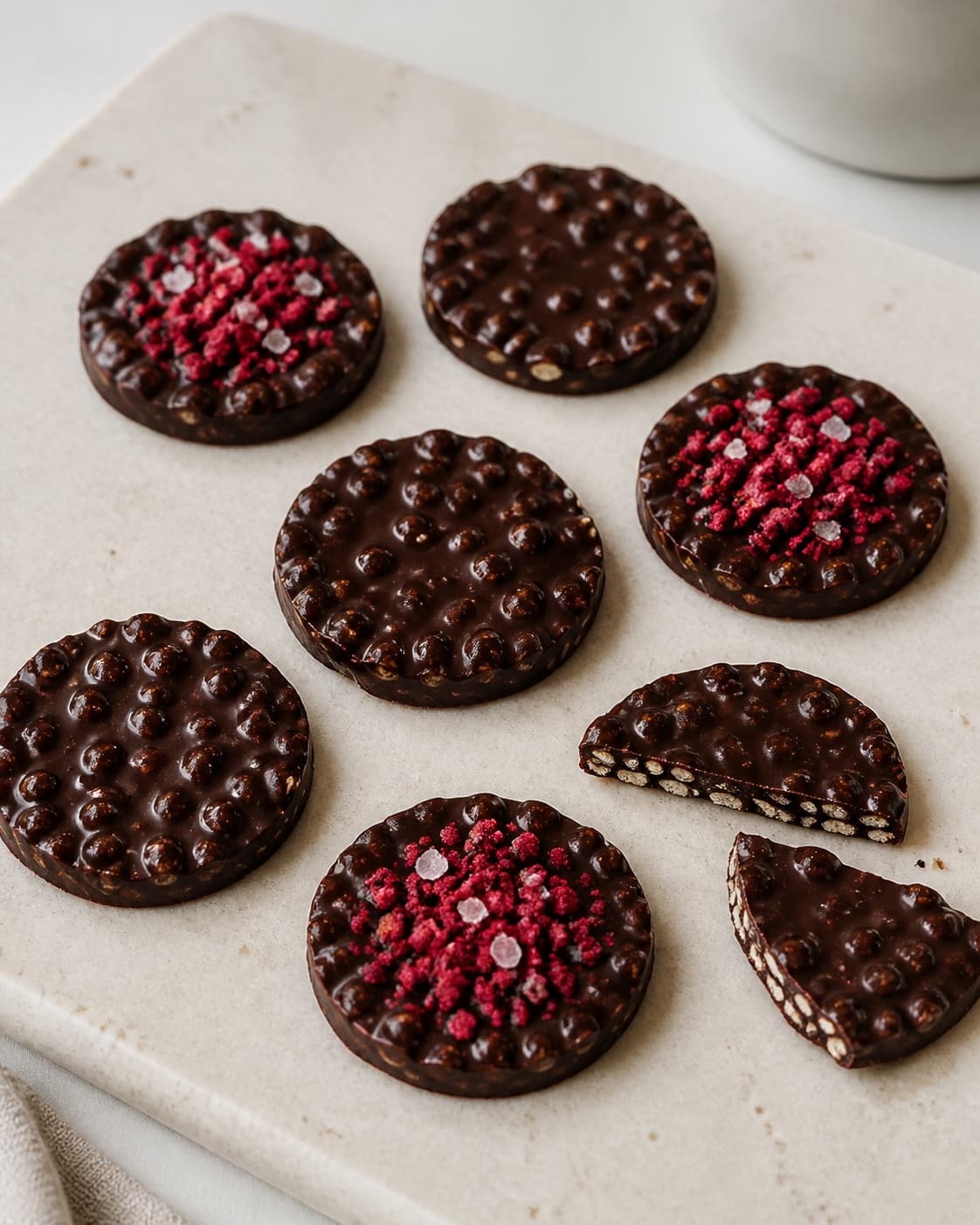 Syv frigjorte mørke chokoladeskiver har blankt knæk og synlige puffede ris, mens én vises delt