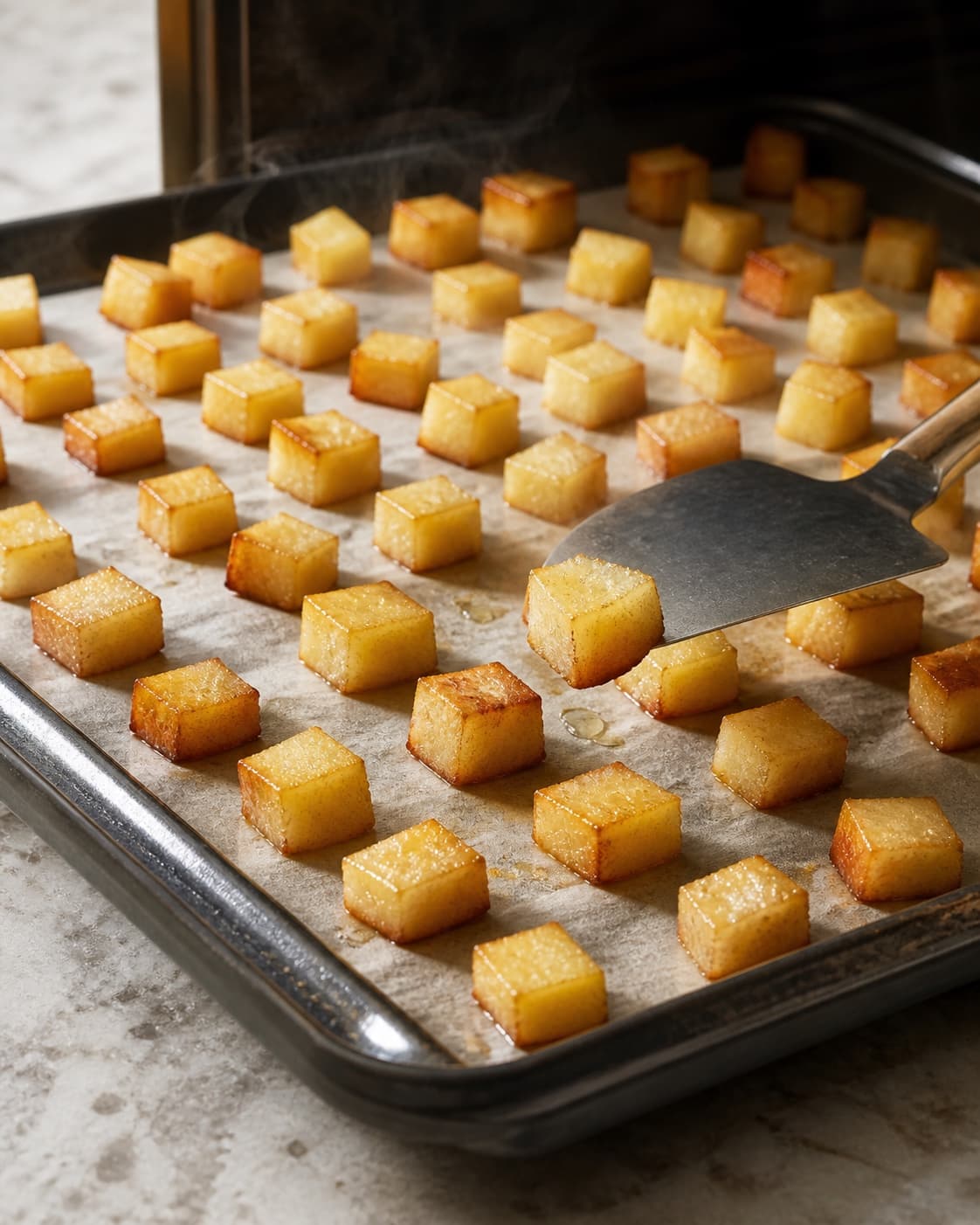 Ens æbletern ligger i ét lag med møre lyse centre og tørre gyldne kanter uden sorte felter