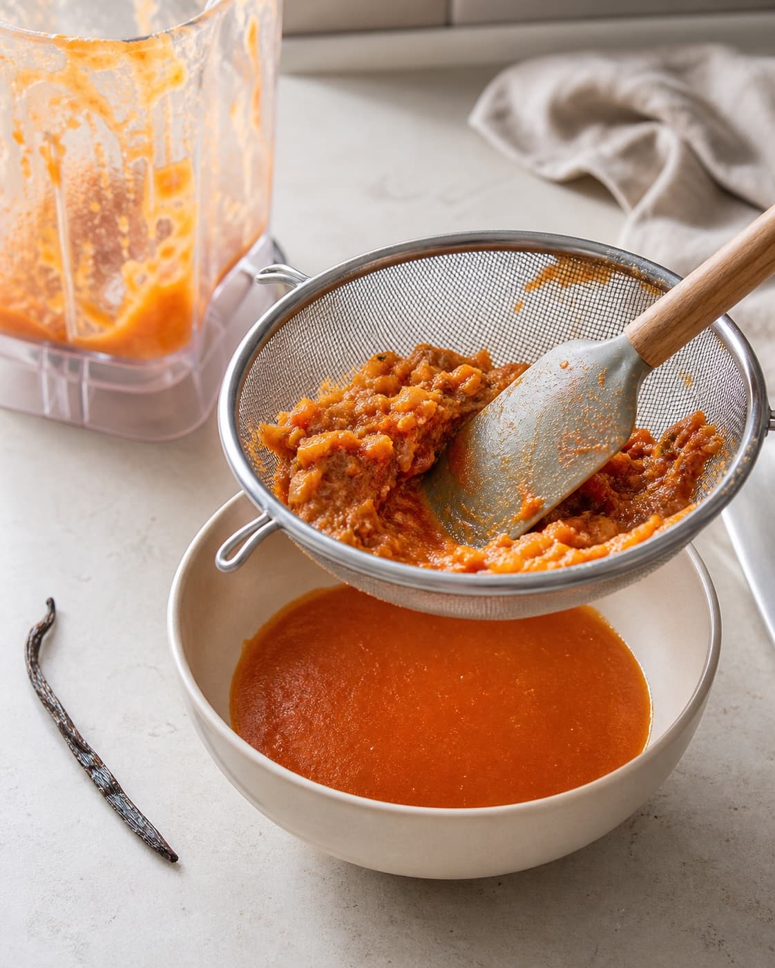 Varm koralorange hyben-æblepuré presses gennem en fin si til en glat masse uden frø, hår eller skaller