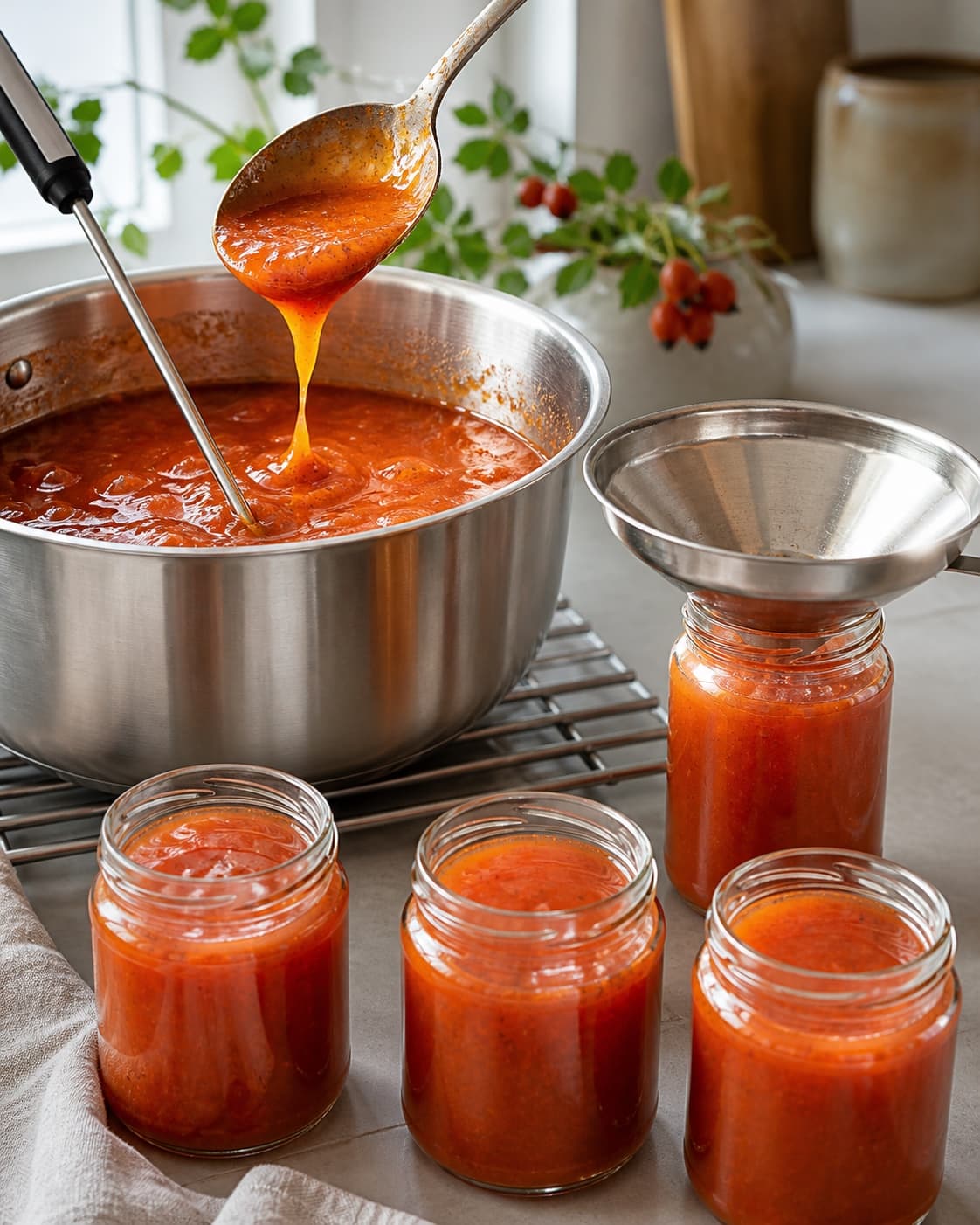 Blank koralorange marmelade falder i en tyk dråbe, måles med termometer og fyldes varmt i fire glas