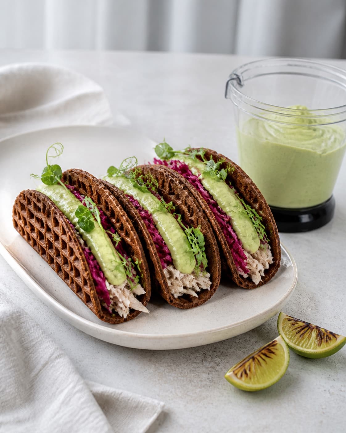 Tre stående rugvaffeltacos fyldes med kylling, afdryppet rødkål, lysegrøn avocadomousse og skud