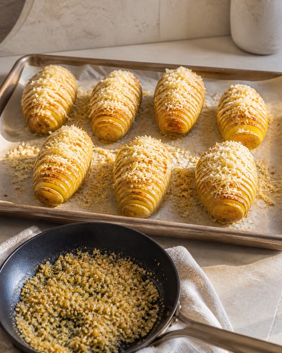Syv åbne kartoffelblokke får parmesan og havarti, mens hvidløg og panko ristes lyst gyldent