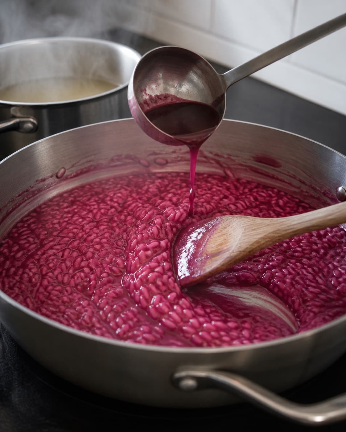 Varm rødbedepuré tilsættes portionsvis til cremet risotto med separate korn og kort synlig grydebund