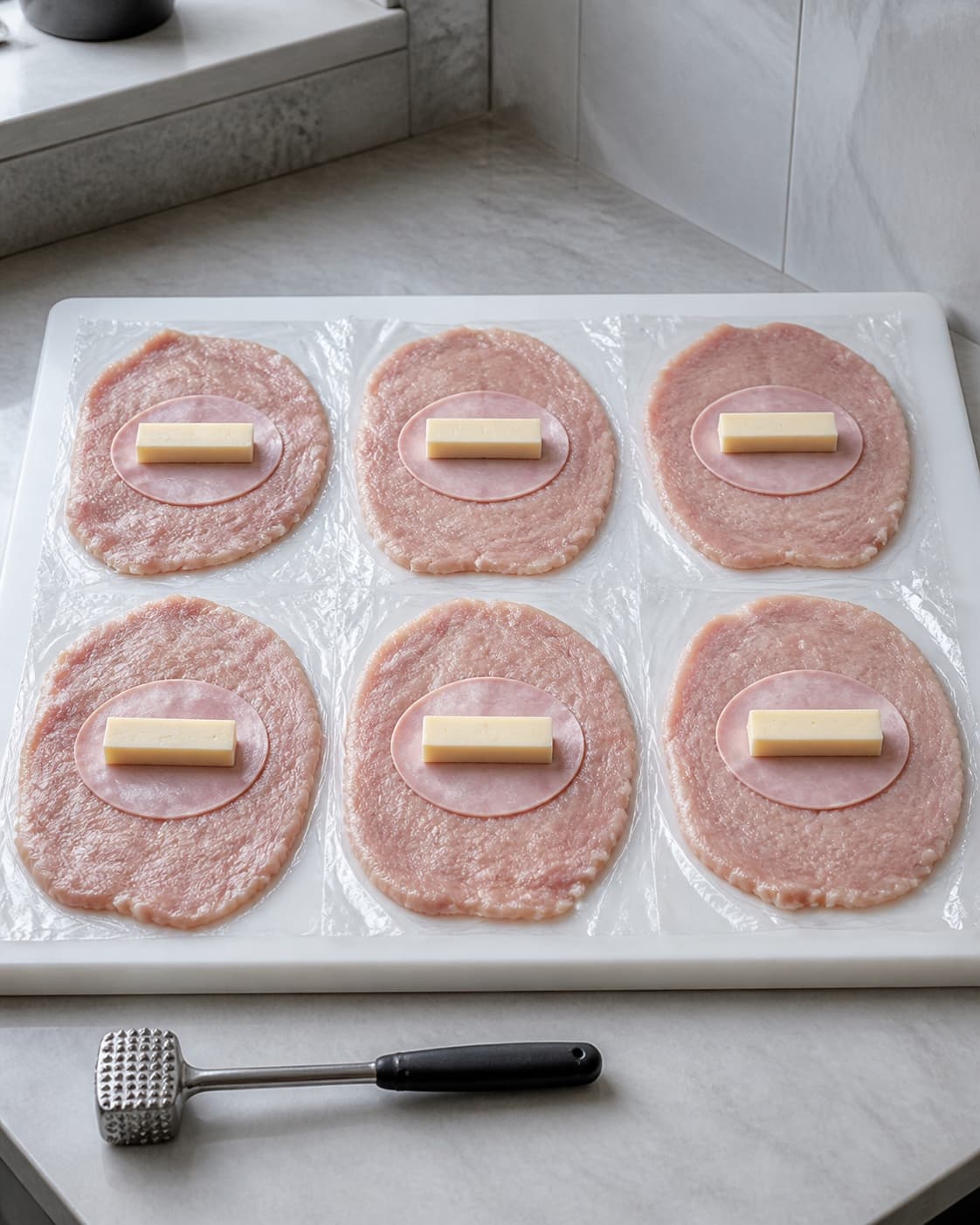 Præcis seks tynde kalveschnitzler har skinke og Gruyère samlet midt på kødet med fri kant hele vejen