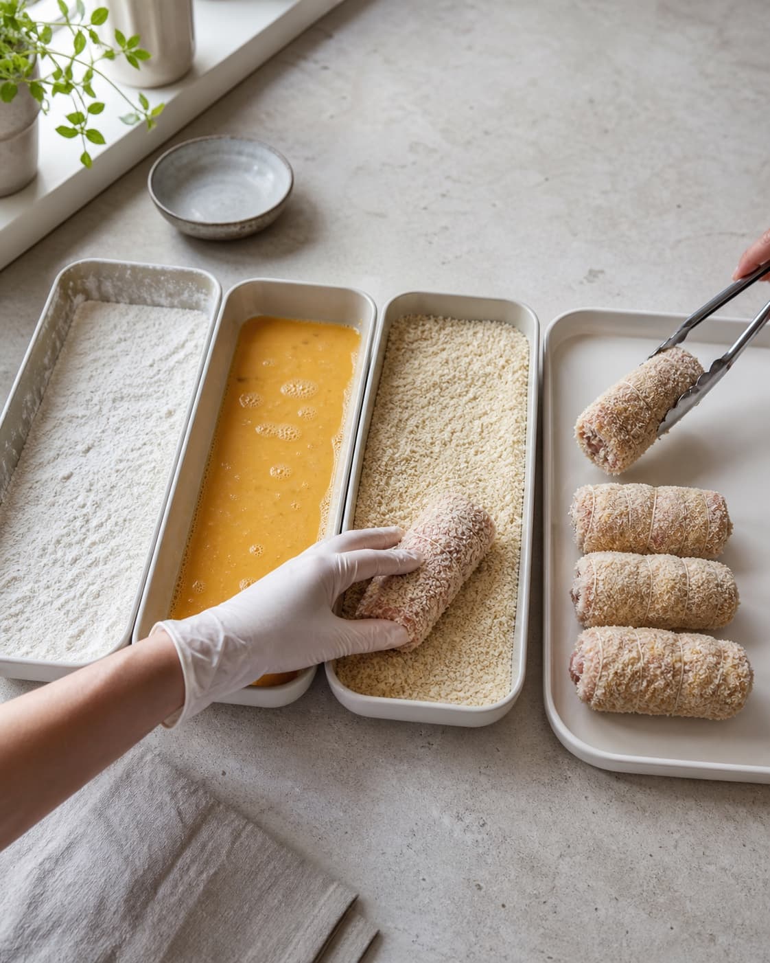 Kalveroulader føres gennem mel, æg og panko med rå hånd og flyttes færdigpanerede med ren tang
