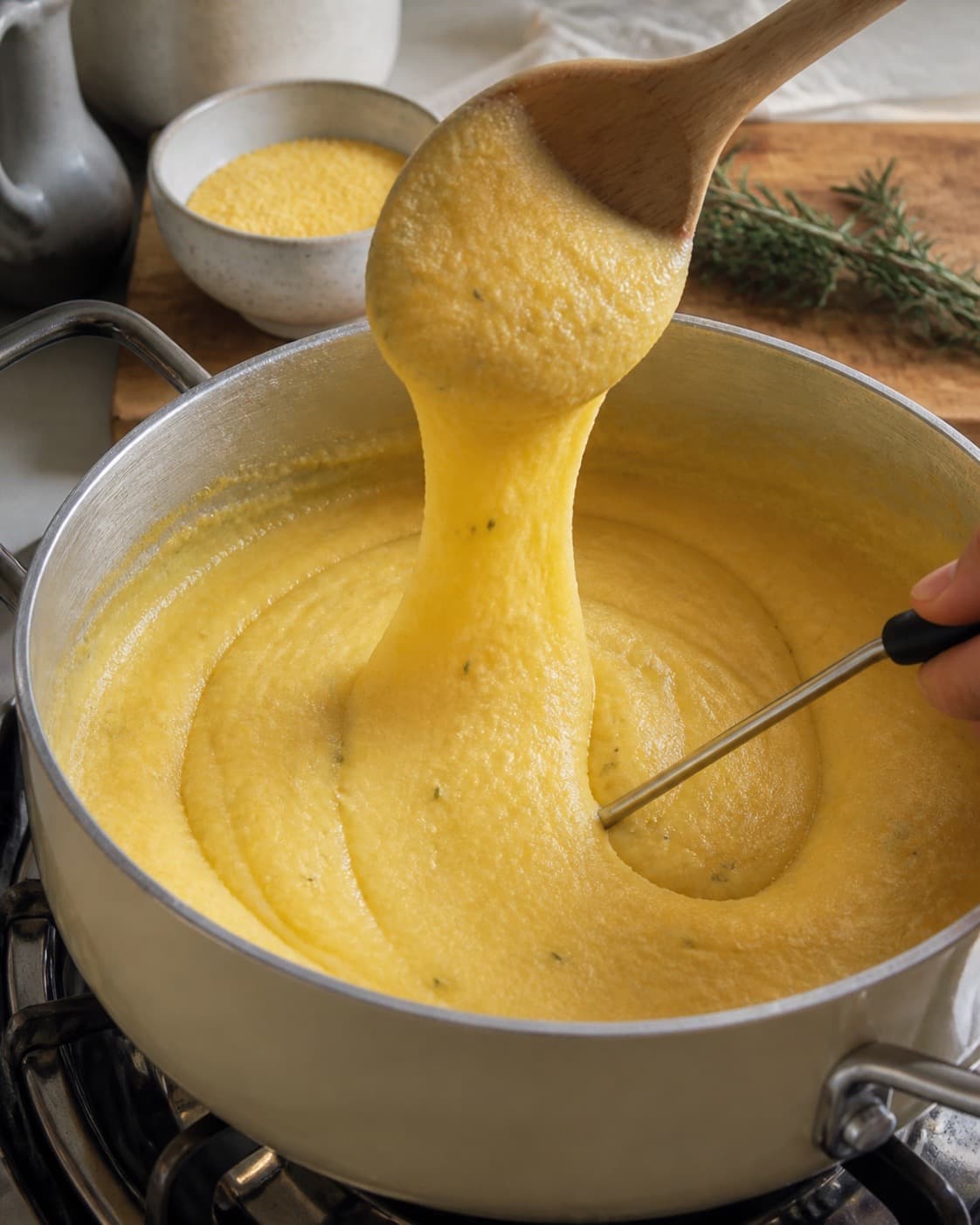 Meget tyk gylden polenta falder i et tungt bånd fra træskeen, mens midten kontrolleres med termometer