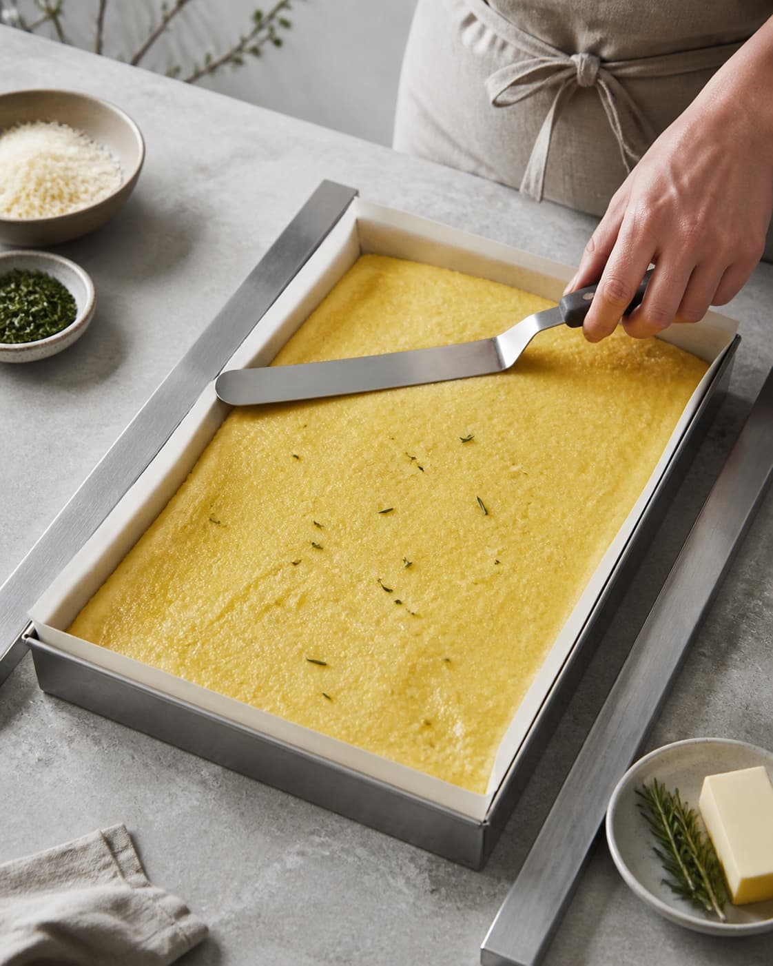 Varm parmesan-rosmarinpolenta glattes i en foret rektangulær form mellem ens højdeguider uden luftlommer