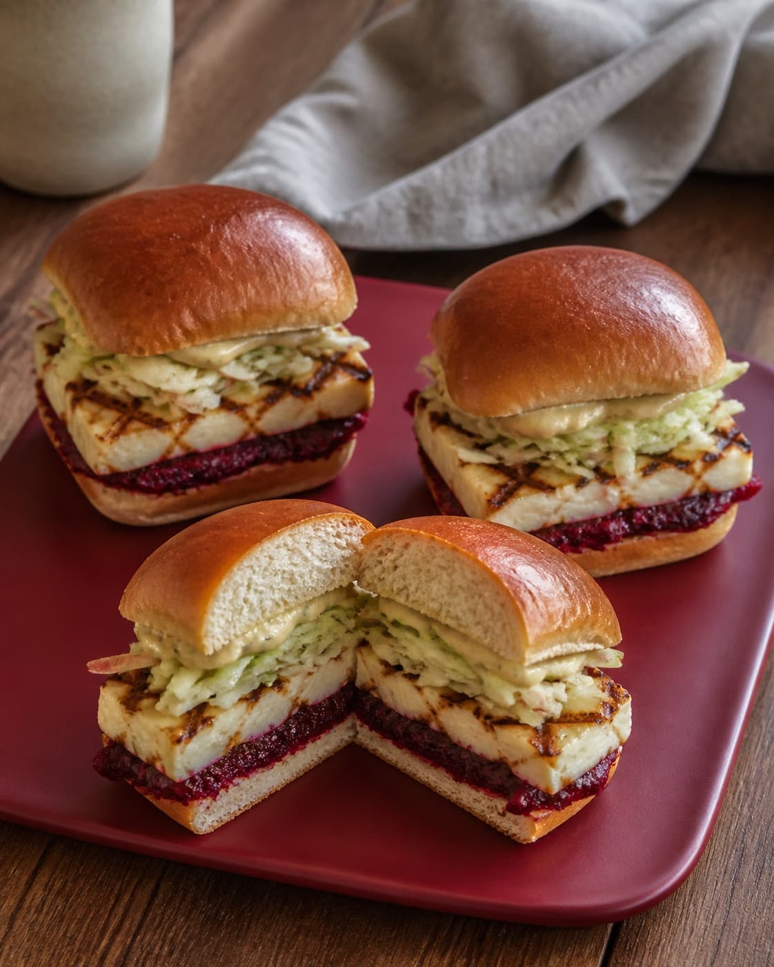 To hele og én delt halloumislider har krydsgrillet ost, rubinrød relish og tør æble-fennikelslaw