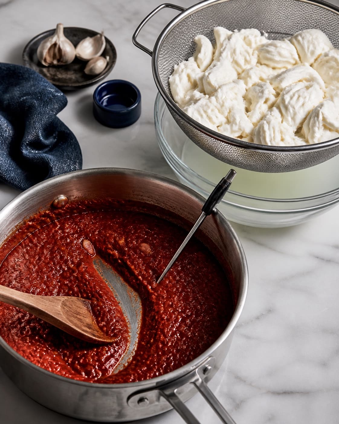Tæt tomatsauce holder et rent ske-spor ved termometeret, mens mozzarella drypper valle af i en si
