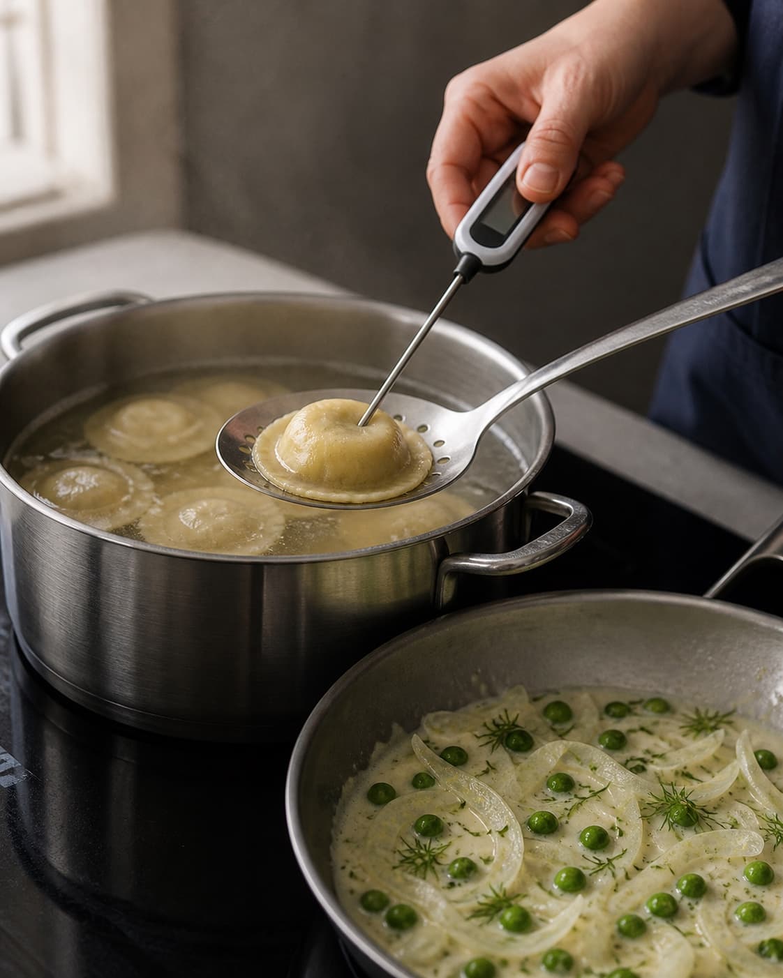 Kogt ravioli løftes på hulske og måles i midten med termometer ved siden af hvidvinssauce, ærter og fennikel