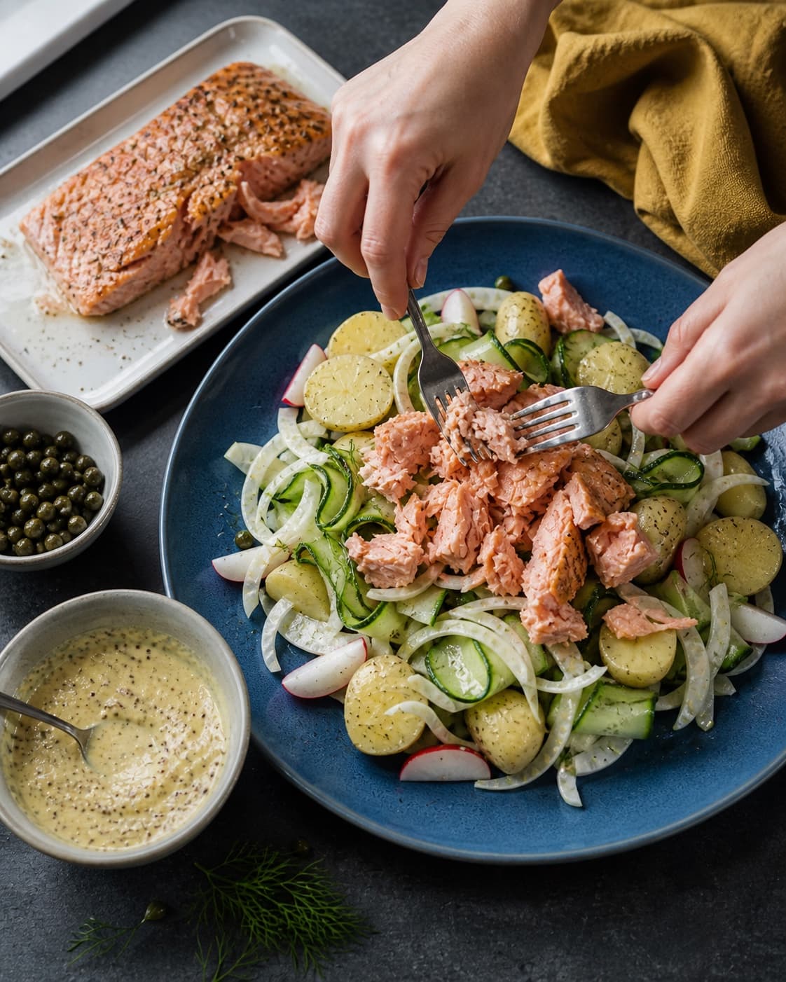 Varmrøget laks deles i store flager over et blåt fad med kolde kartofler, fennikel, agurk og radiser lige før servering