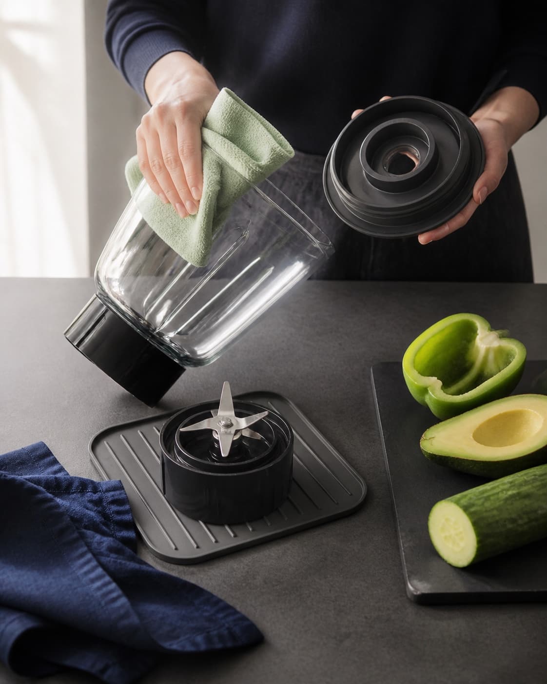 En ren blenderkande og låg tørres ved siden af udkernet grøn peberfrugt, avocado uden sten og klargjort agurk