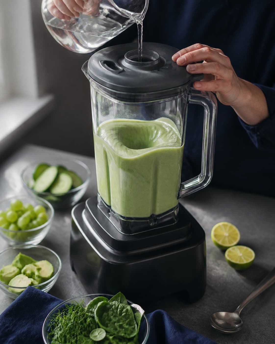 Koldt vand hældes i en lukket blender, der kører grøn gazpacho af agurk, druer, avocado, spinat og urter helt glat