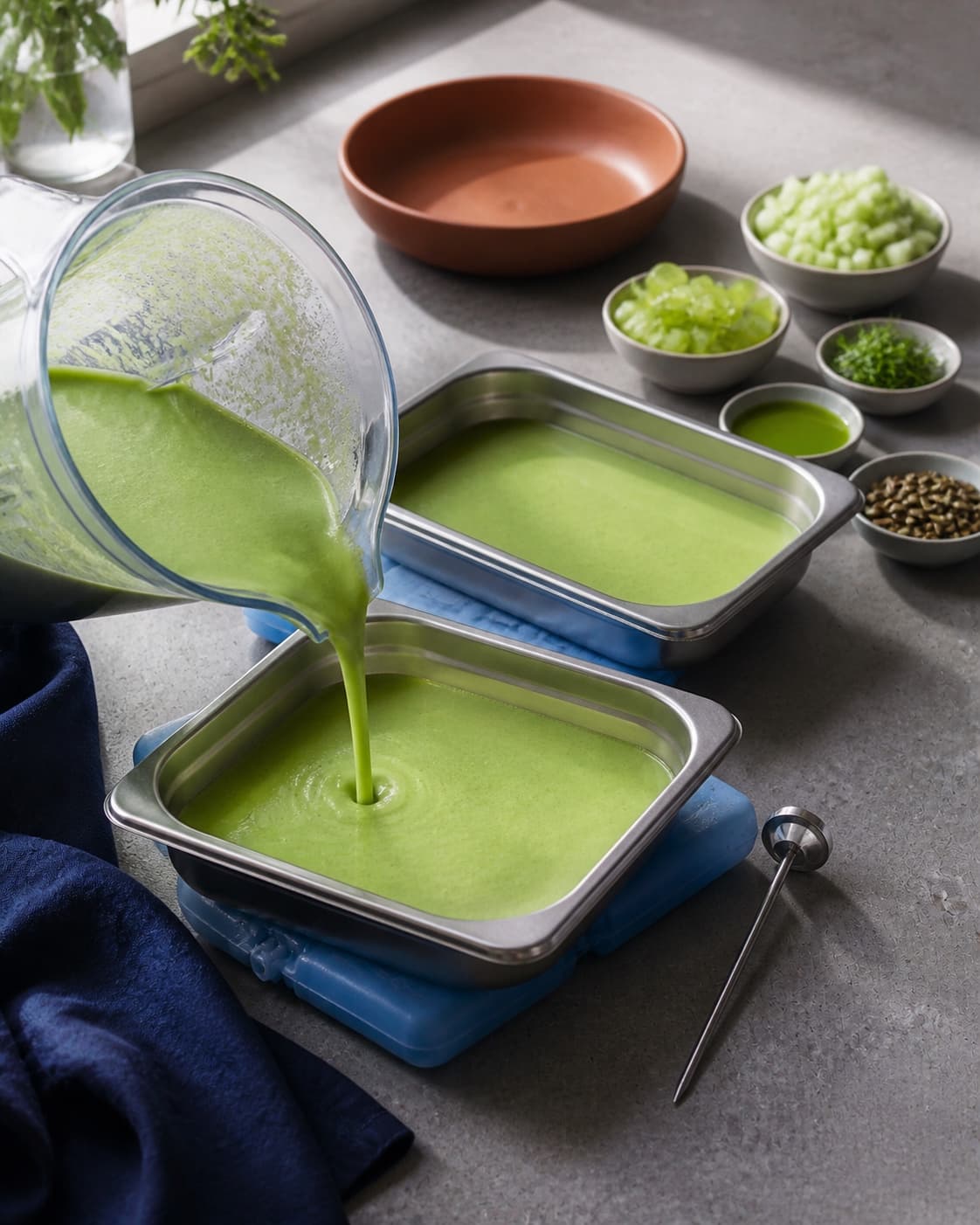 Lys grøn gazpacho hældes i lave metalbakker over køleelementer med kolde toppings klar separat ved siden af