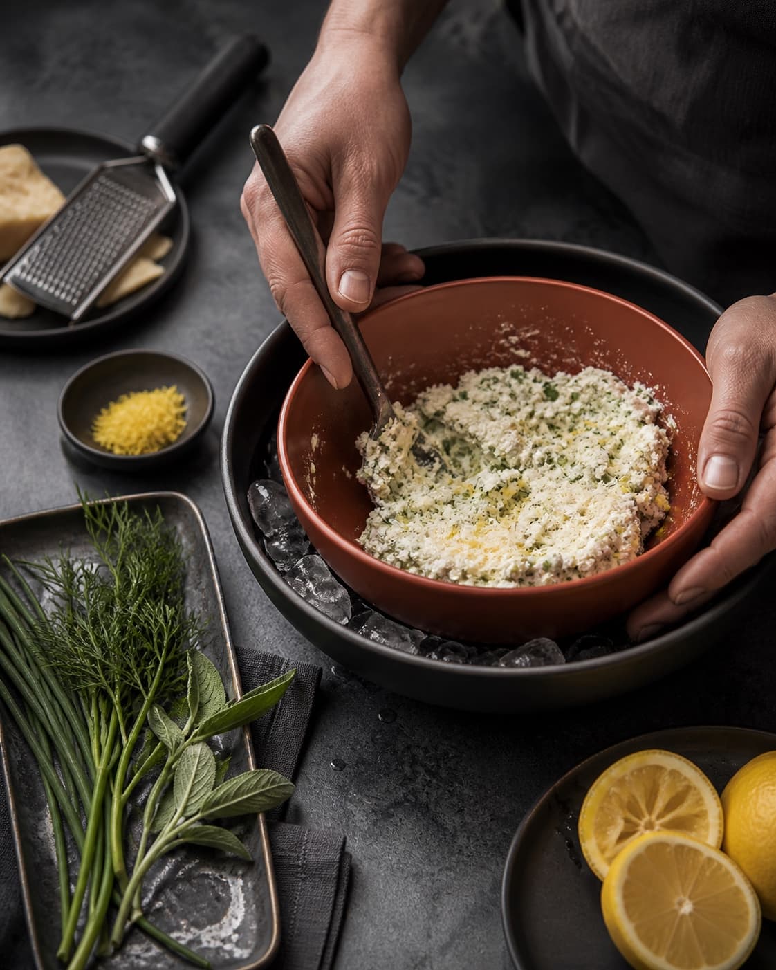 Ricotta røres med parmesan, citron og tørre grønne urter i en rustorange skål, som holdes kold over is