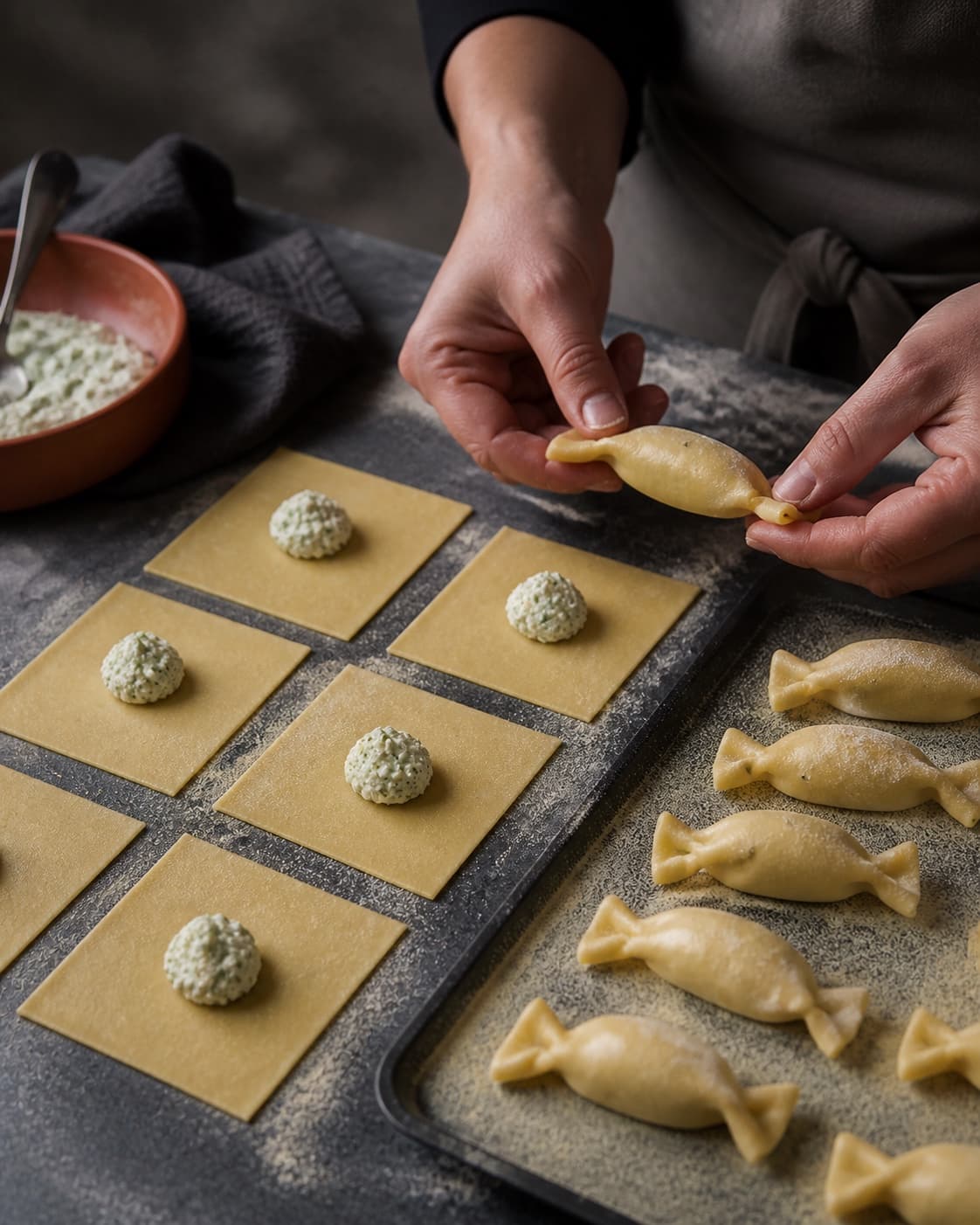 Urtericotta ligger midt på ens pastarektangler, mens hænder lukker og drejer en tæt bonbonformet pastapakke