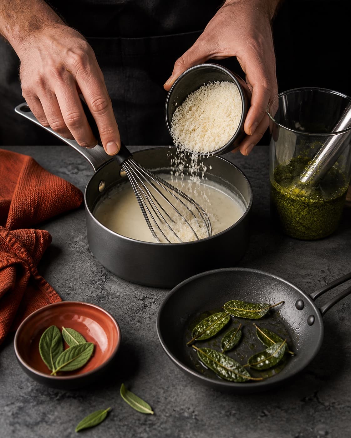 Finrevet parmesan piskes i indkogt fløde, mens salvie steger sprød på lille pande og grøn urteolie blendes separat