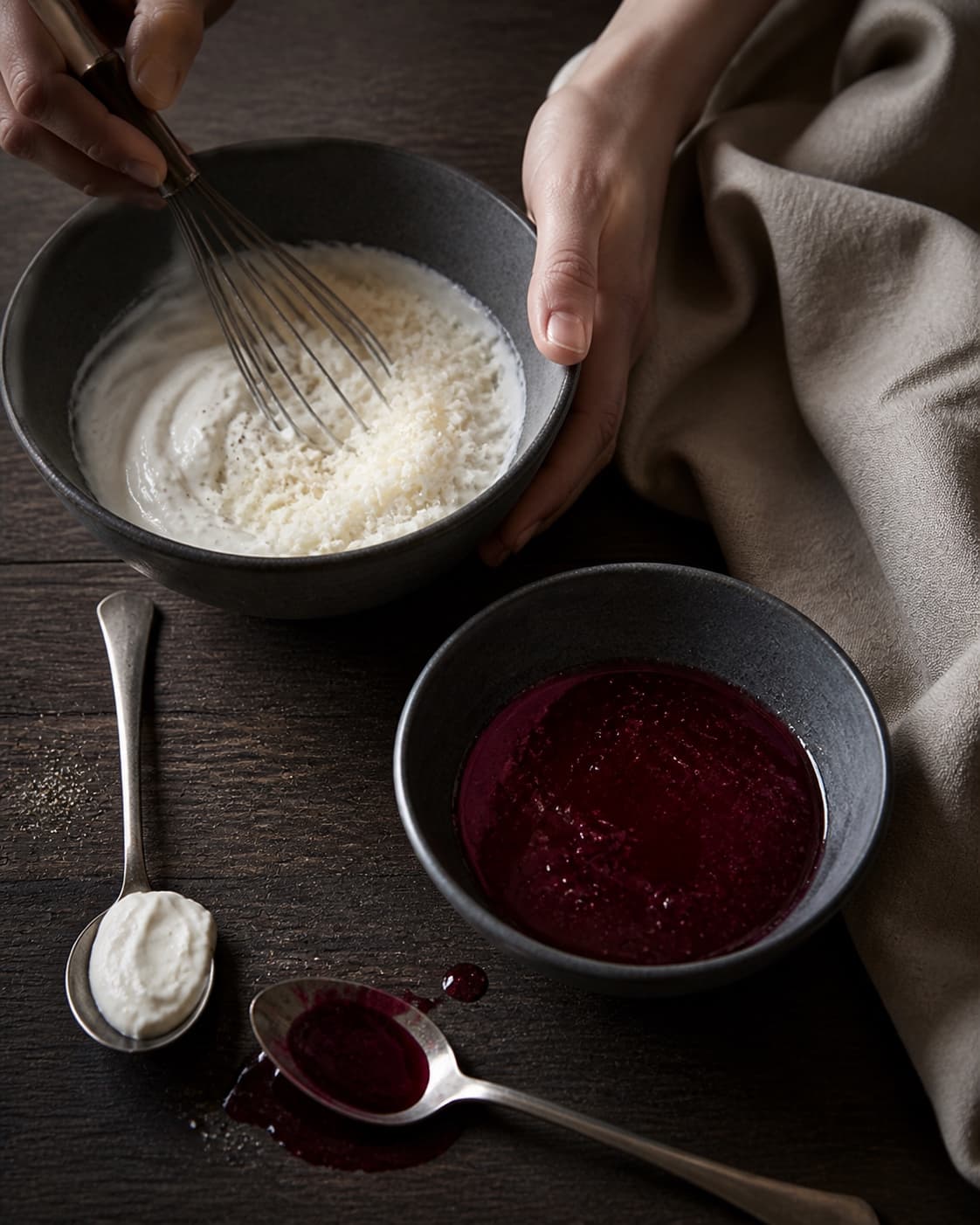 Hvid peberrodsskyr piskes i én skål, mens mørk solbærvinaigrette står blank og adskilt med eget smagebestik