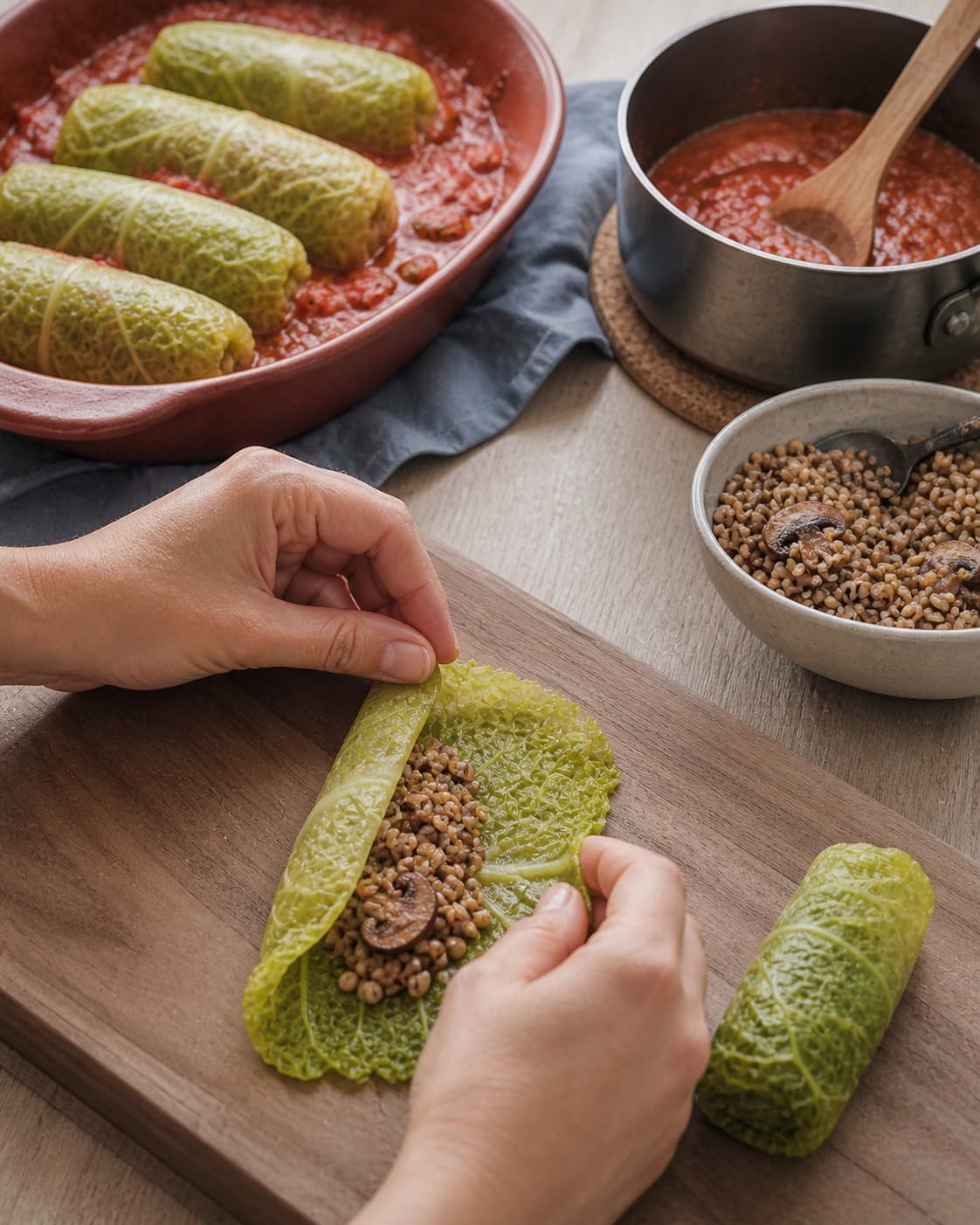 Byg-linse-svampefyld foldes fast i et blancheret kålblad ved siden af et rustfarvet fad med tomatsauce og ruller