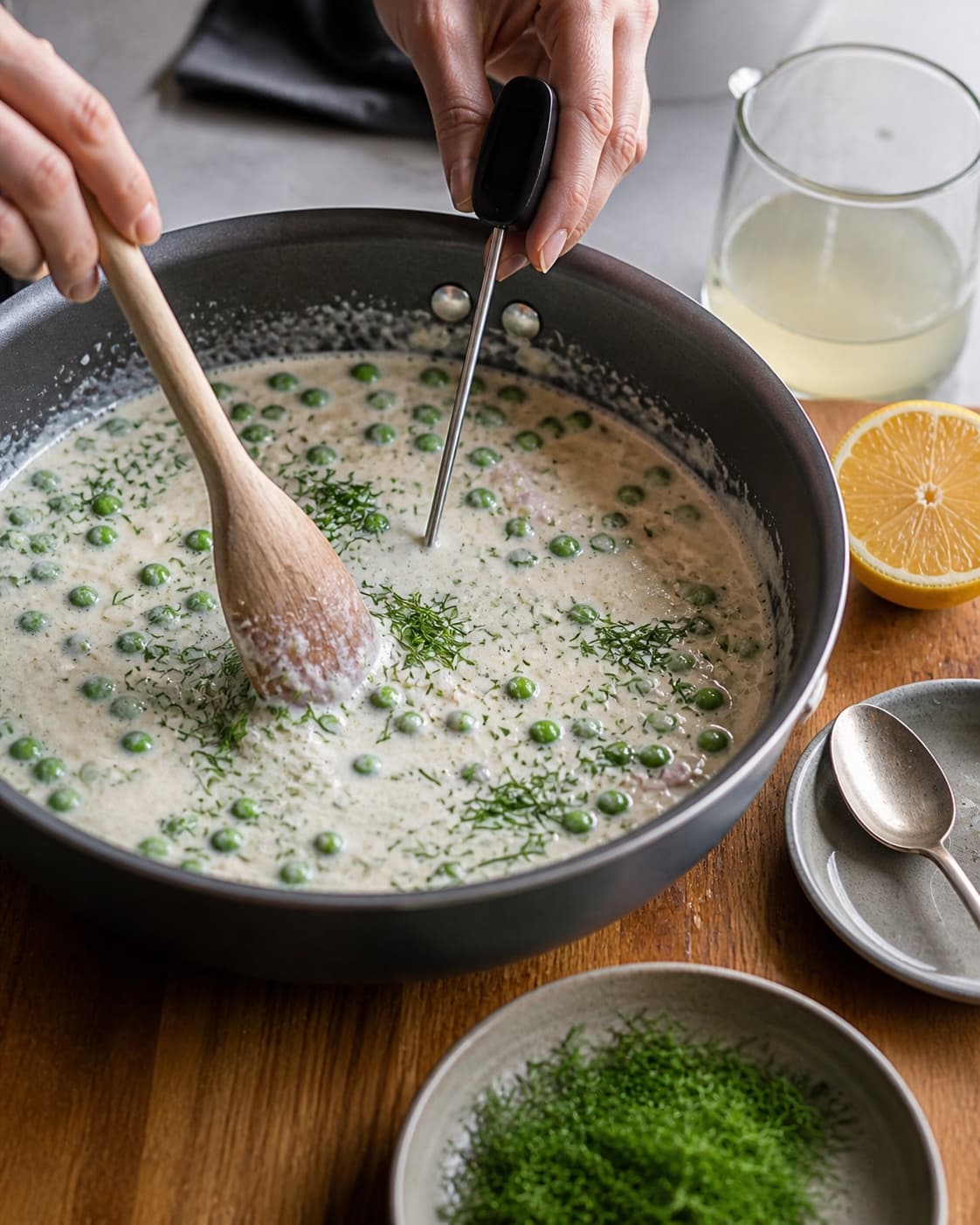 Citron-crème-fraîche-sauce med ærter og dild simrer i sauterpanden, mens temperaturen måles med rent bestik ved siden af