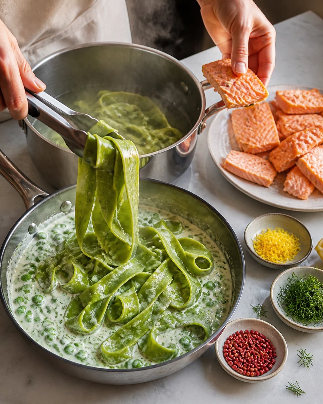Grøn spinatpappardelle løftes fra det kogende vand direkte i den varme ærtesauce, mens gennemstegte lakseflager tilsættes