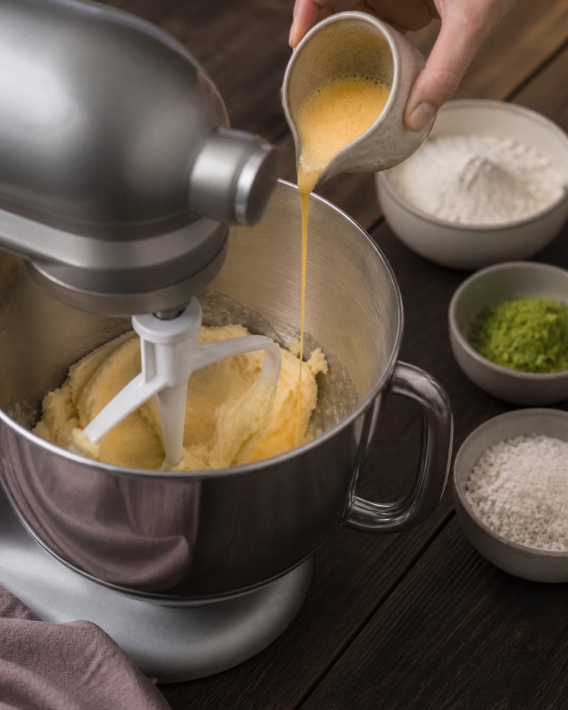 Pasteuriseret sammenpisket æg hældes gradvist i lys smør-sukkerbase, mens mel, kokos og limeskal står urørte ved siden af