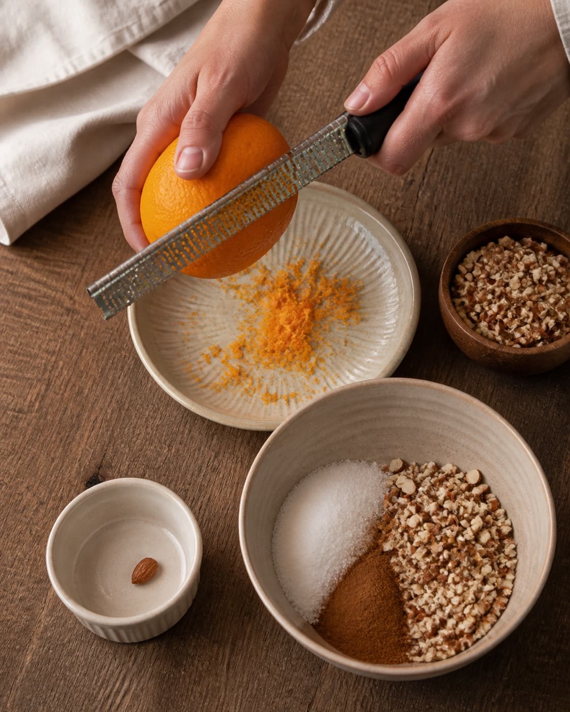 Kun den orange skal rives af en vasket appelsin ved siden af kontrollerede mandler, sukker og kanel til toppingen