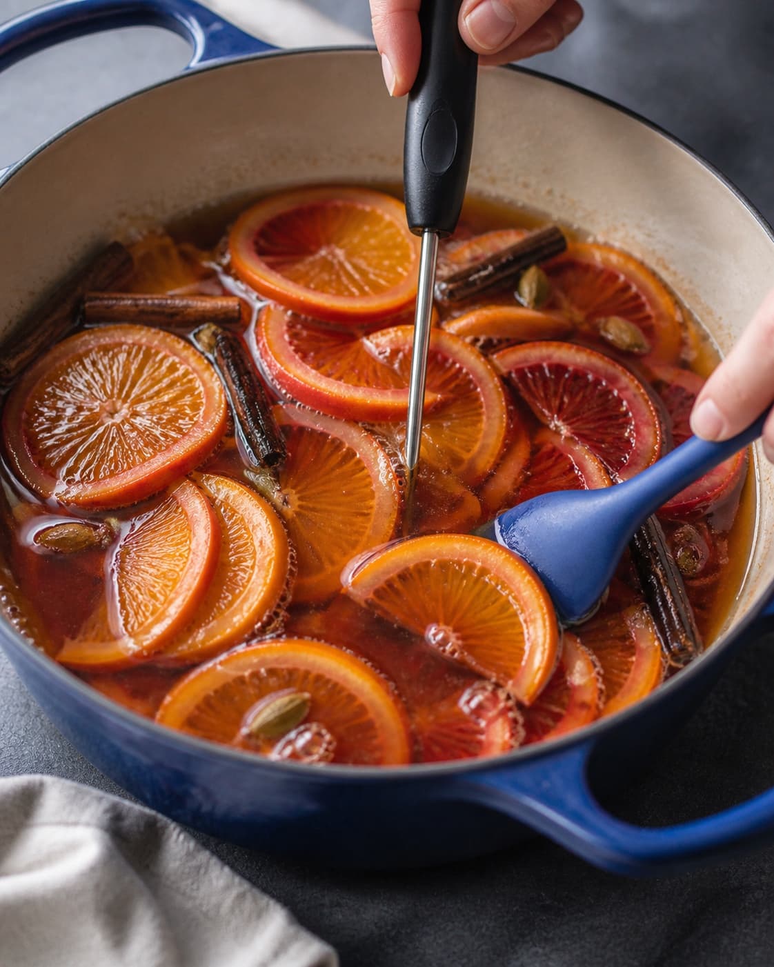 Intakte citrus-halvmåner simrer nænsomt i den krydrede lage, mens væsken måles centralt og en skive holdes neddykket