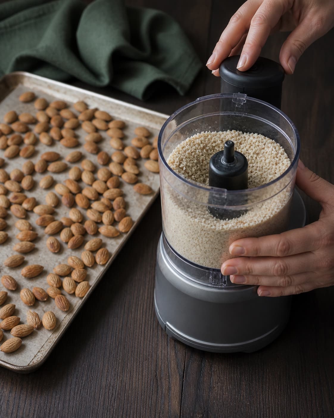 Let gyldne afkølede mandler pulseres kort i foodprocessor til et fint tørt mandelmel uden synligt olieudtræk