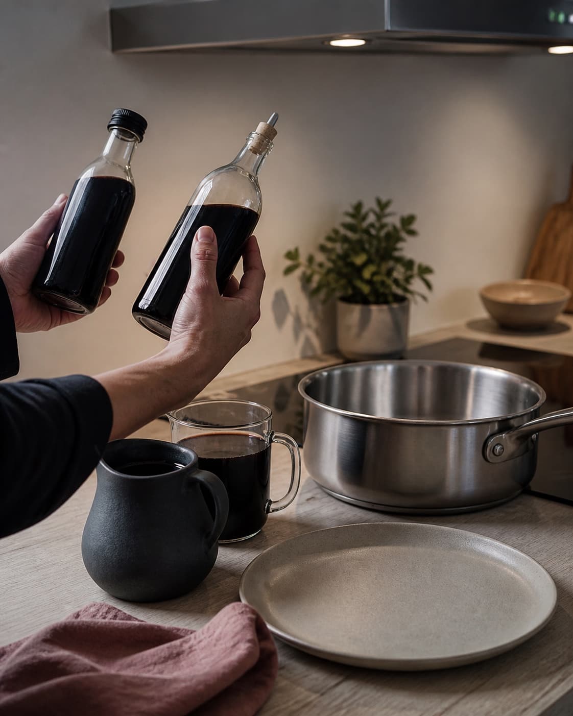 To hænder kontrollerer mørk balsamico og druesaft ved en ren bred stålgryde, kold tallerken og tændt emhætte