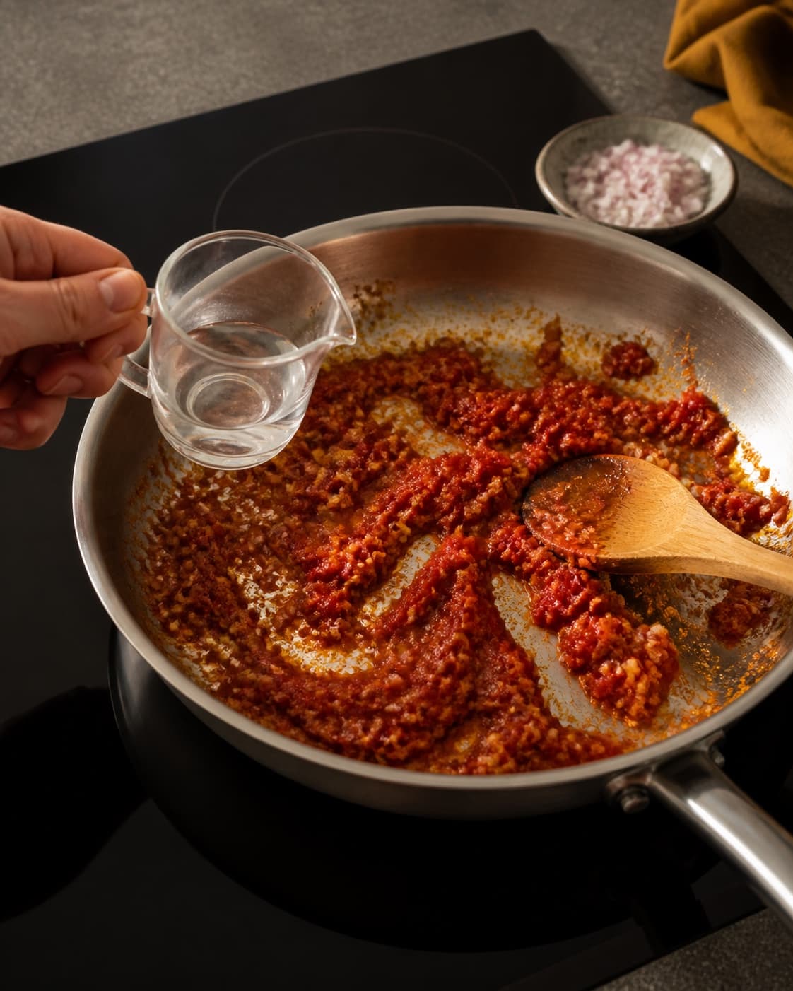 To hænder rører mørk rustrød tomatpuré og løg i bred gryde, mens afmålt vodka står klar væk fra flamme