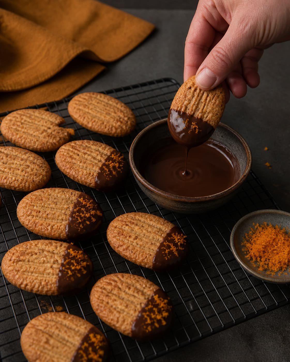 Kolde gyldne kager dyppes i mørk chokolade og dryppes sparsomt med appelsinskal