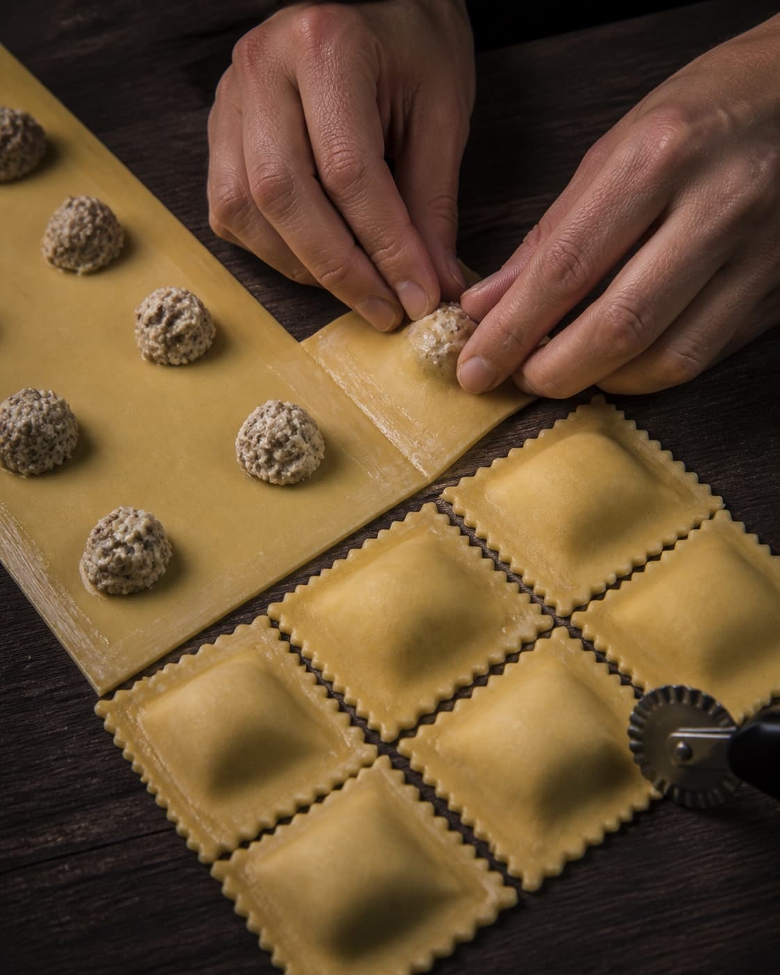 Målte svampefyldstoppe lukkes luftfrit mellem pastaark og skæres firkantede